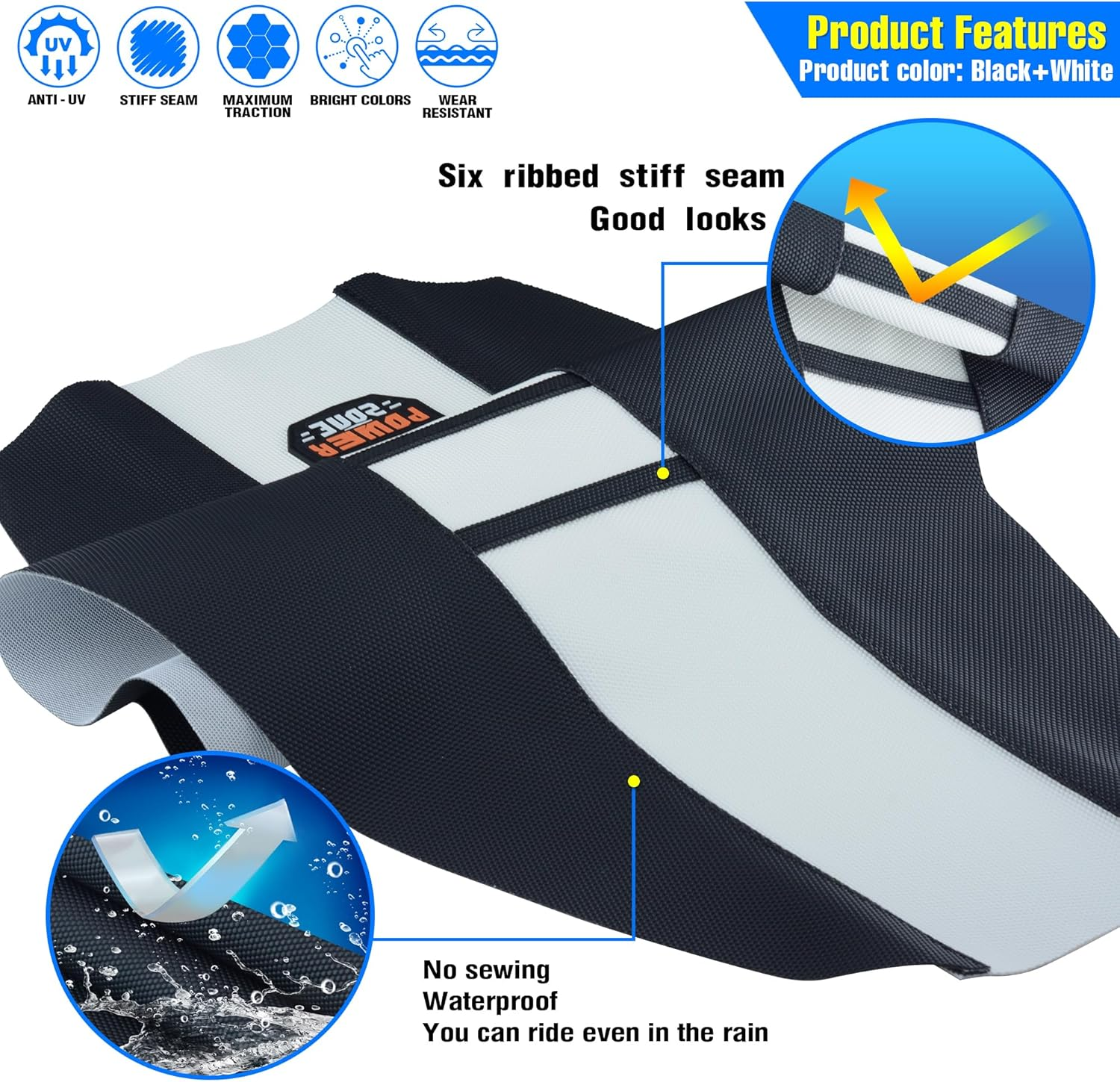 Universal Ribbed Dirt Bike Seat Cover - Gripper Soft Seat Cover for Most Dirt Pit Bike Motorcycle (White-Black)