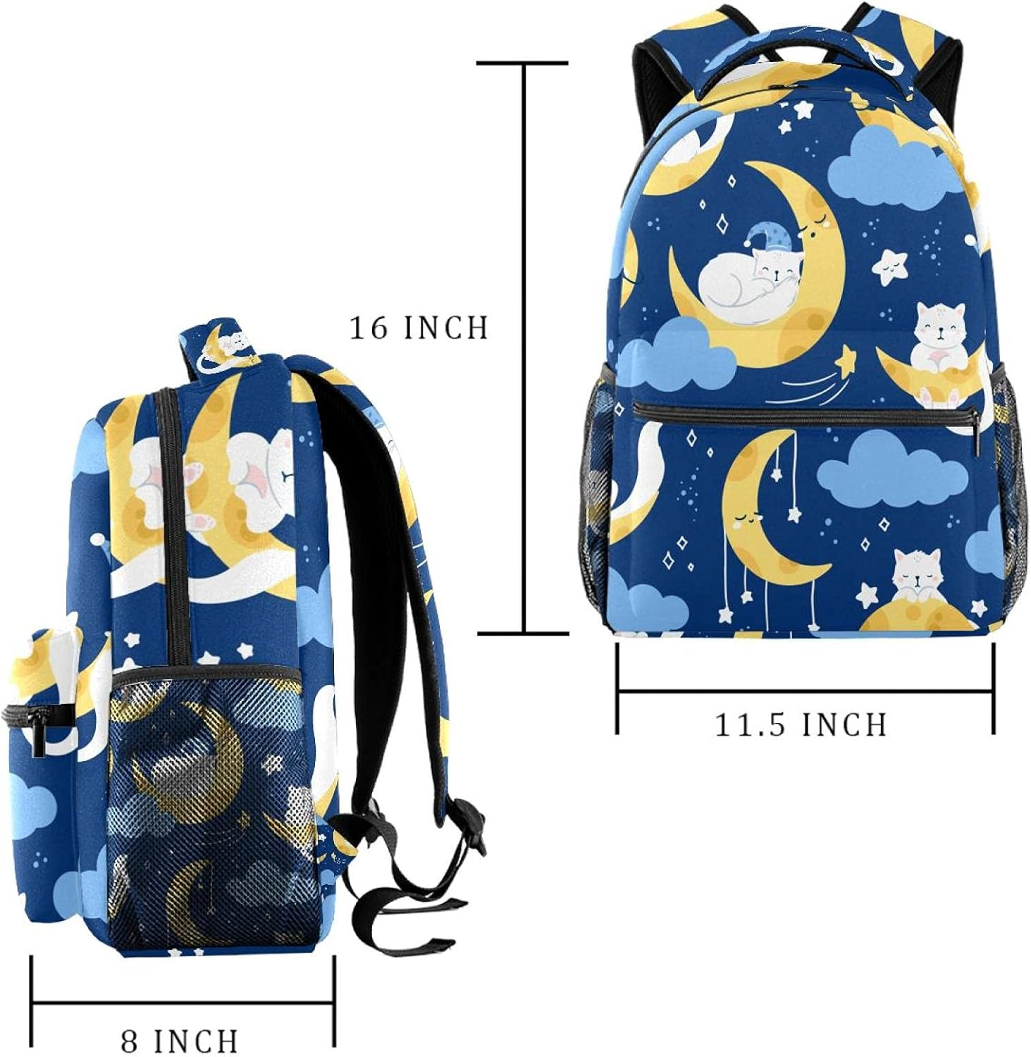 White Cat Sleeping on a Moon Starry Night Sky Backpack Students Shoulder Bags Travel Bag College School Tote Backpacks image number 3