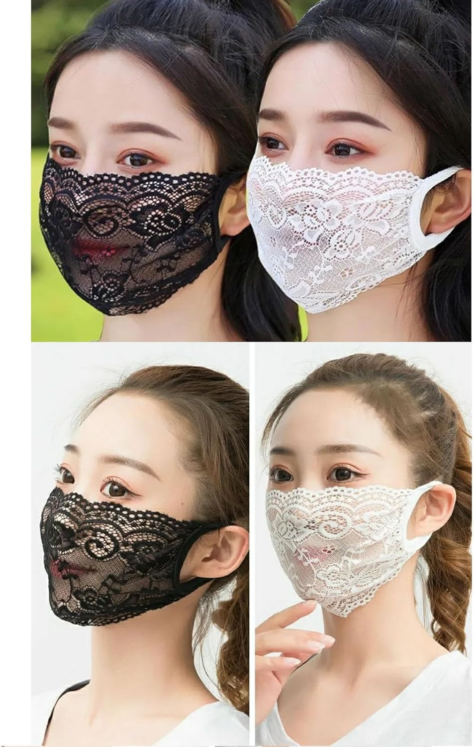 Deahea 2 Pack Single Layer Lace Mask Sunscreen Masks Mesh Hollow Face Shield Mask Half Face Cover Travel Mask for Women and Girls(Black+White) image number 3