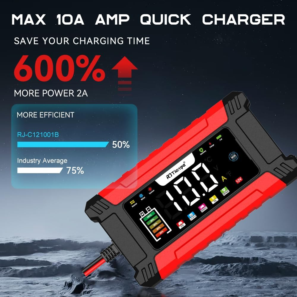 AILRINNI 10-Amp Car Battery Charger, 12V Smart Car Battery Charger AU Plug,Trickle Charger for Car - Smart Fully-Automatic Battery Maintainer with Temperature Compensation and LCD Display image number 2