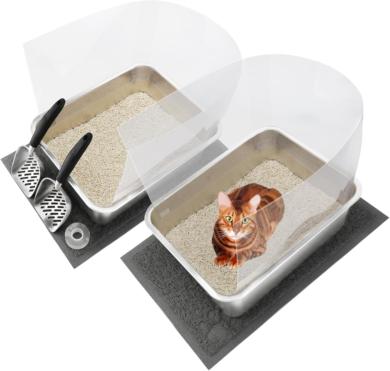 YUEPET 2 Sets Stainless Steel Cat Litter Box with High Sides, Durable Metal Cat Litter Basin Pan Easy to Clean Cat Litter Tray for Odor Control with Cat Litter Scoops Cat Litter Mats 17.5"X13.6"X6"