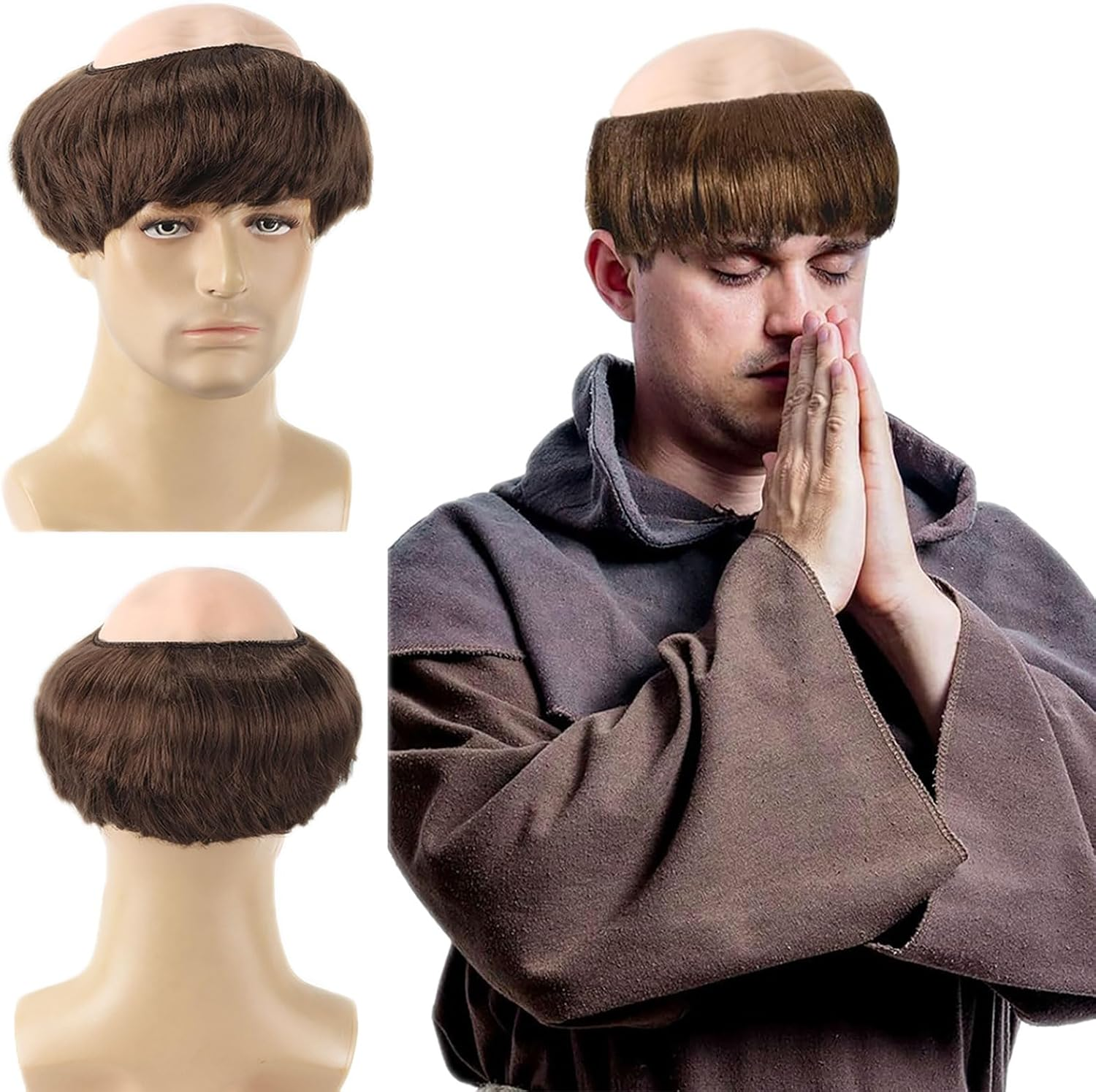 Brown Monk Wig, Wig Man Halloween Monk Costume, Short Wigs Men Carnival Wigs Cap Bald Tonsure Latex Costumes Adult Cosplay Party (Brown) image number 5