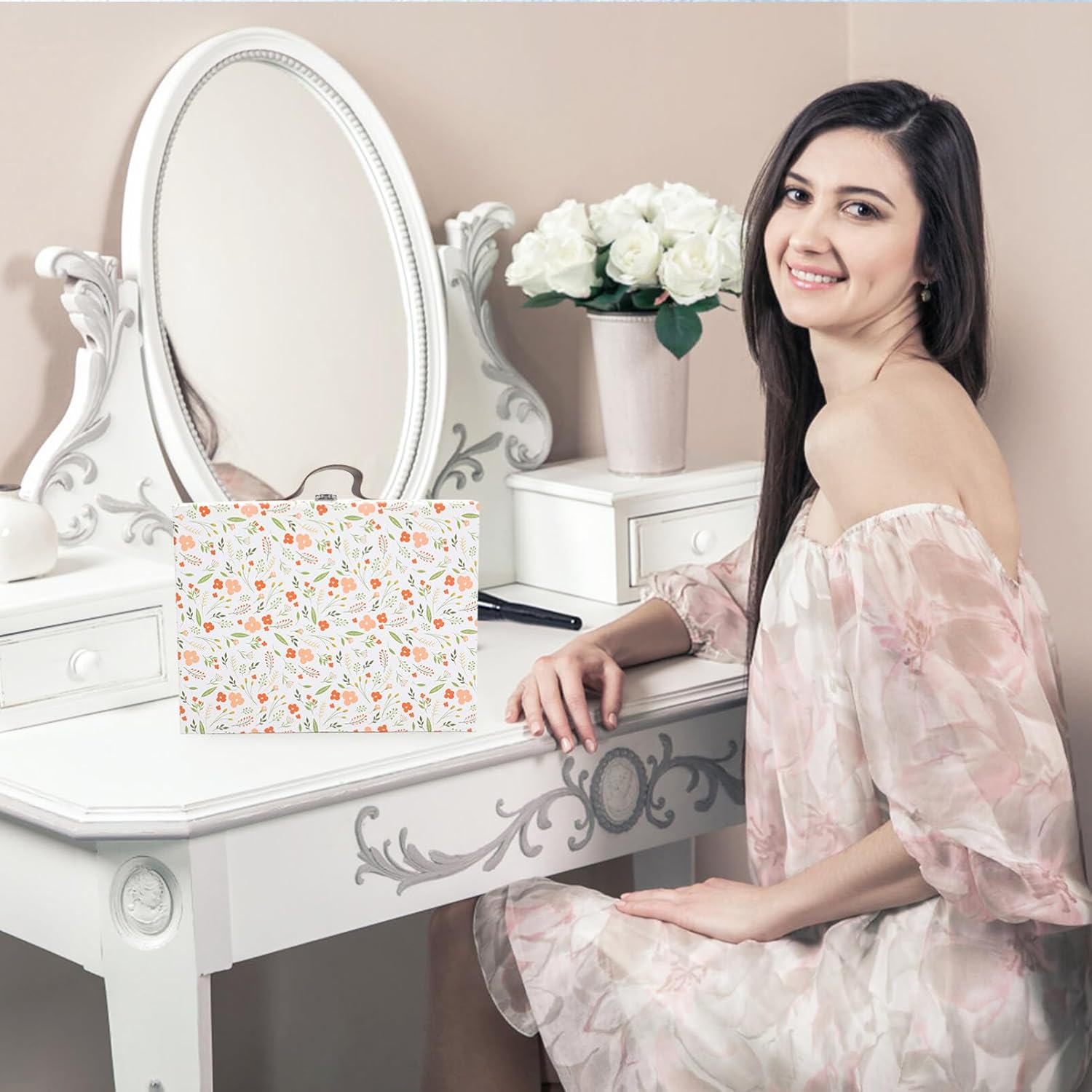 PRETYZOOM Paperboard Suitcase Portable Floral Print Luggage Case Decorative Travel Cardboard Storage Box with Handle for Wedding Birthday New Year