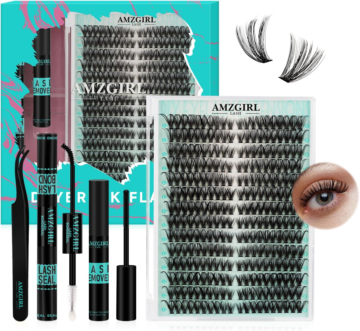 Lash Clusters Kit 280Pcs Lashes Extensxion Wispy Kit 50D D Curl with Bond&Seal Waterproof,Lashes Glue Remover,Lash Tweezers Tools for Eyelash Extension Kit(50D,9-18Mmmix Kit) image number 6