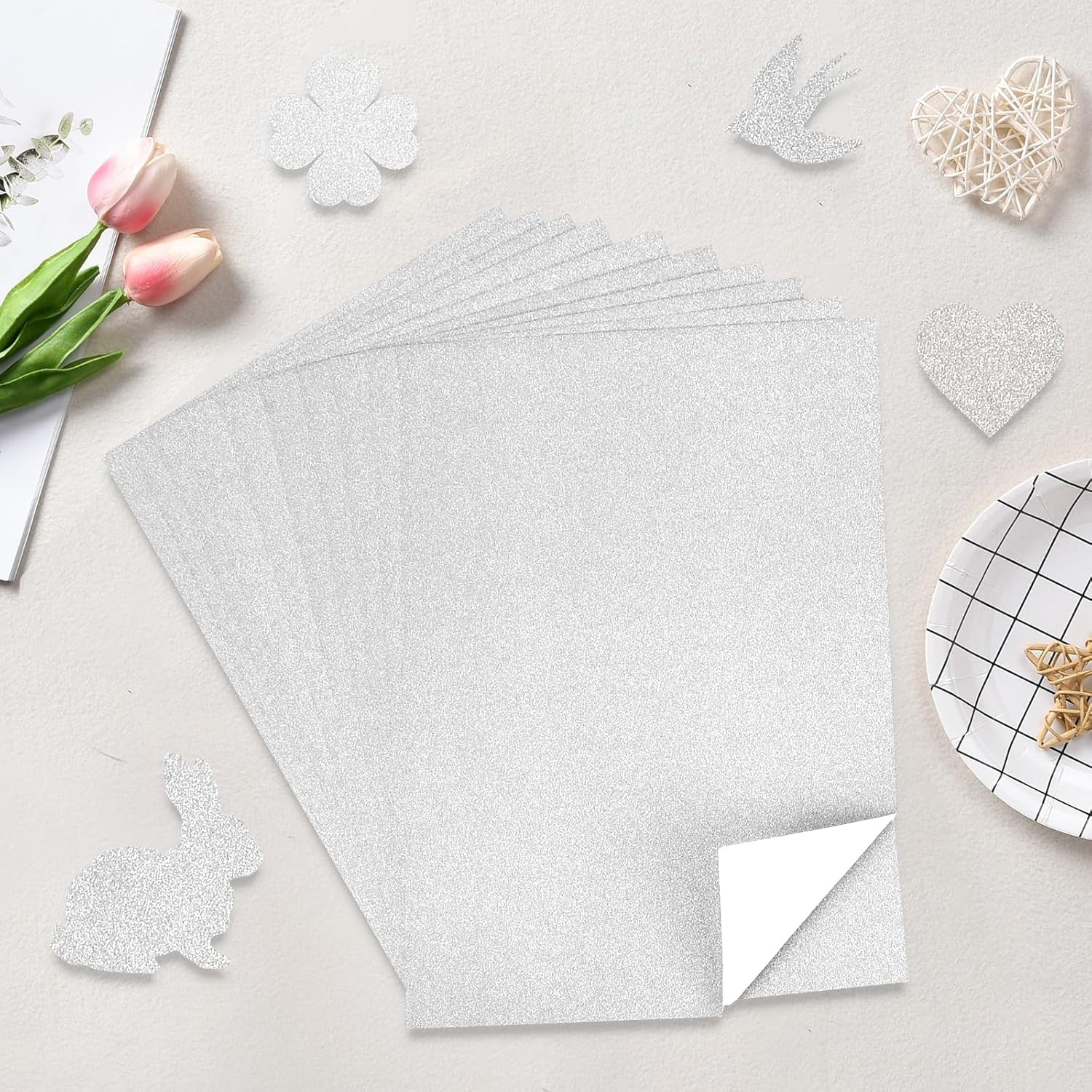 A4 Non-Shed Glitter Cardstock Sheets - Pack of 10-170Gsm Craft Supply for Card Making, Die-Cutting, Crafts Projects - Compatible with Die-Ideal for DIY Creations and School Activities (Silver)
