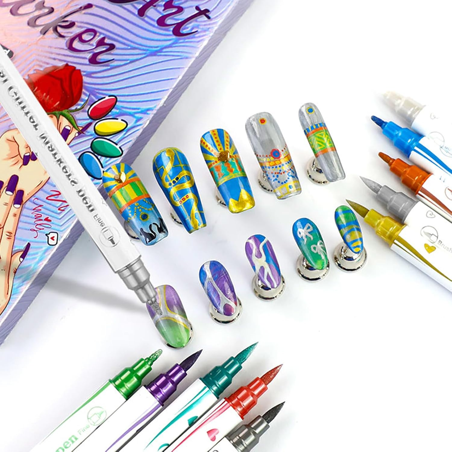 Jotia 10 Colors Nail Art Pens Set Double-Ended 3D Nail Polish Pens Dotting Liner Pen Tools for Manicure Nail DIY Decoration image number 1