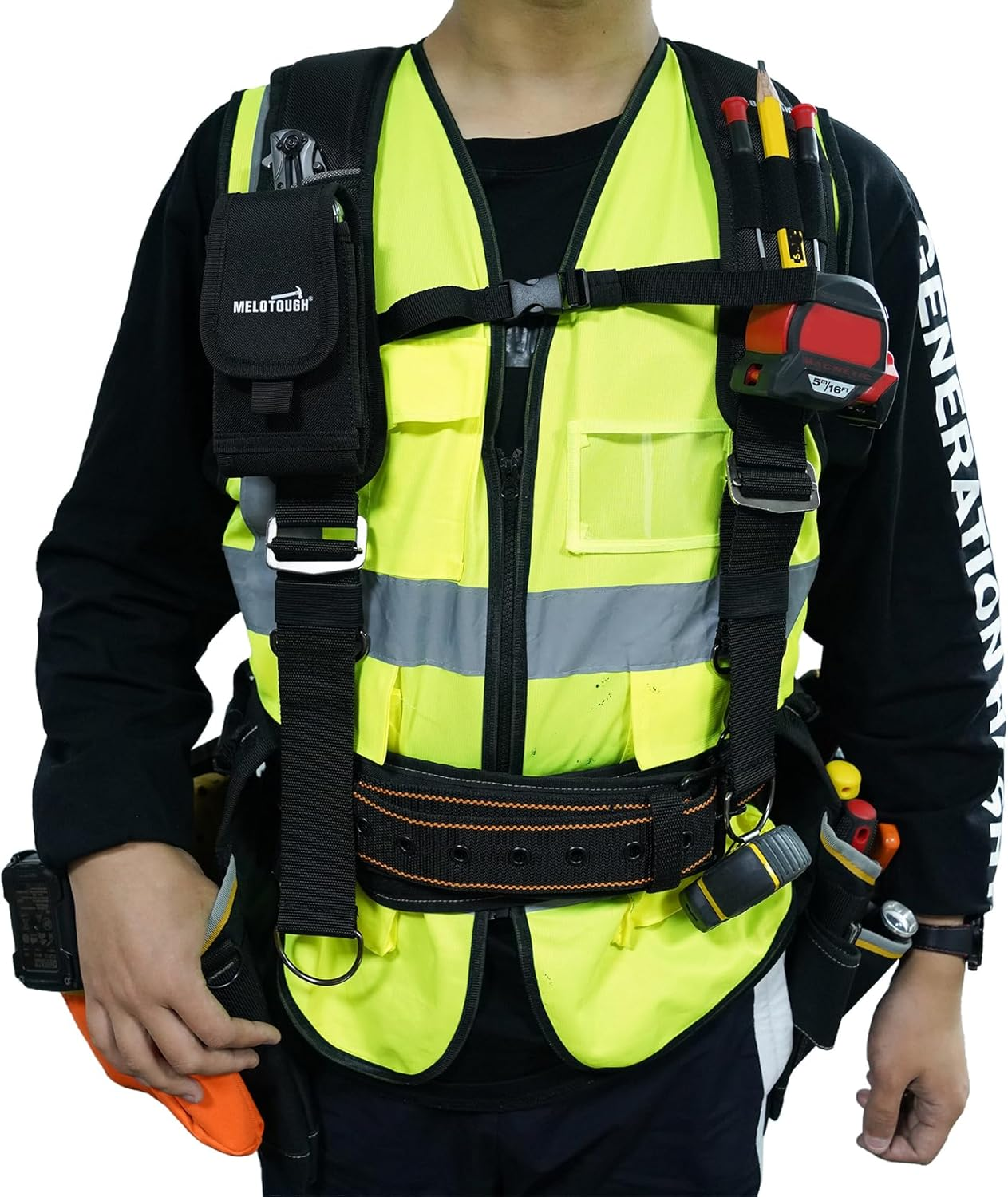 MELOTOUGH Tool Belt Braces Construction Bag Suspenders Padded Work Belt Suspenders for Carpenter/Electrician/Roofing/Farmer Work Suspension Rig(H Back, Black, Full Size image number 1