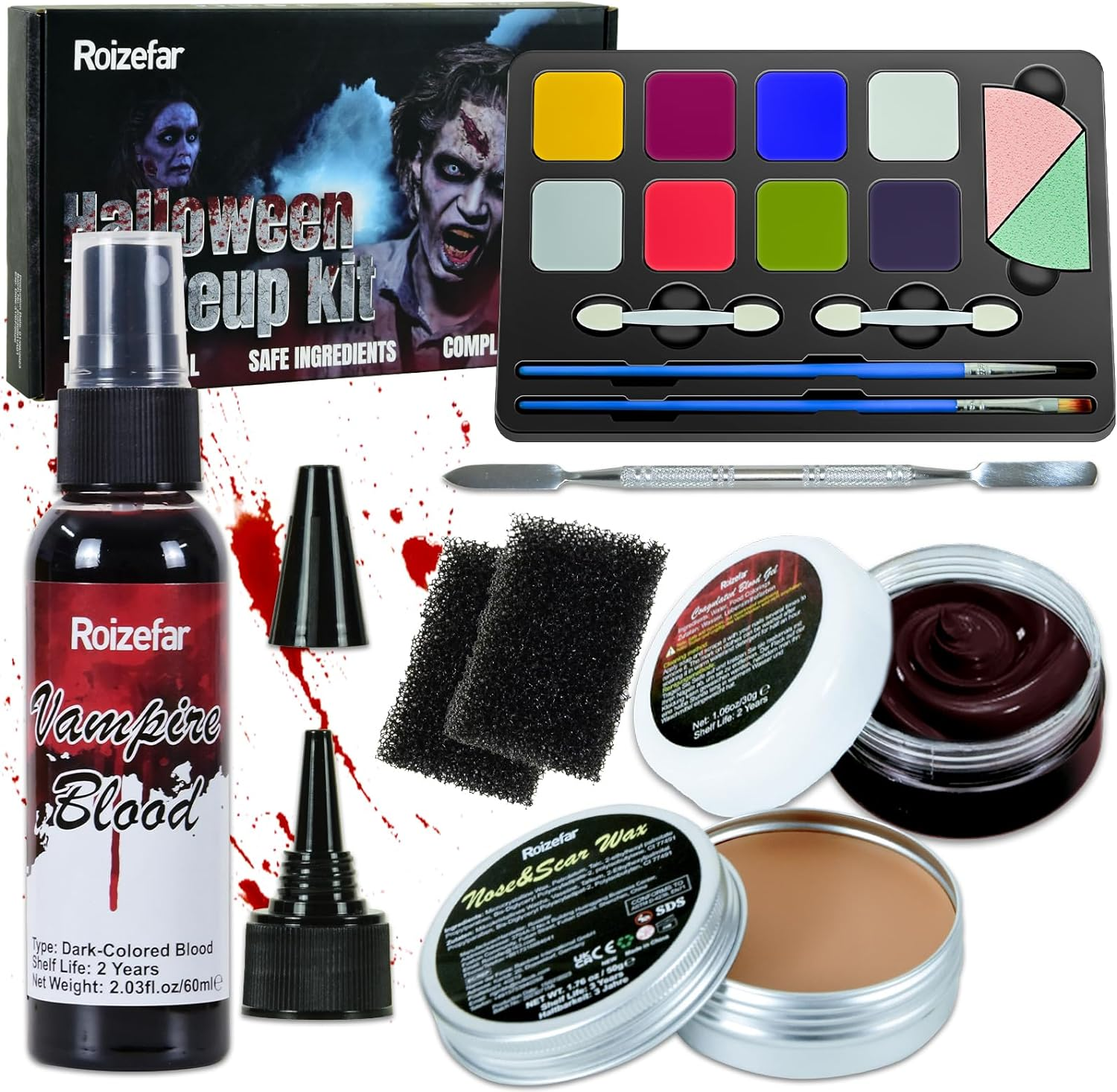 Roizefar SFX Makeup Kit, 8-Color Professional Special Effects Face & Body Paint Palette with Scar Wax, Fake Blood Cream & Brushes, Perfect for Halloween, Cosplay & More image number 1