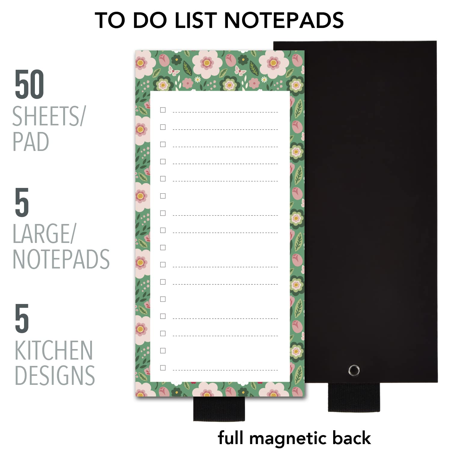 5 Pack Magnetic Lemons Bloom Daisy Scandi Notepads for Fridge with Pen Holder, 6" X 3", 50 Sheets, Magnet Memo Pad for Fridge, Locker, File Cabinet, to Do List, Grocery Shopping image number 2