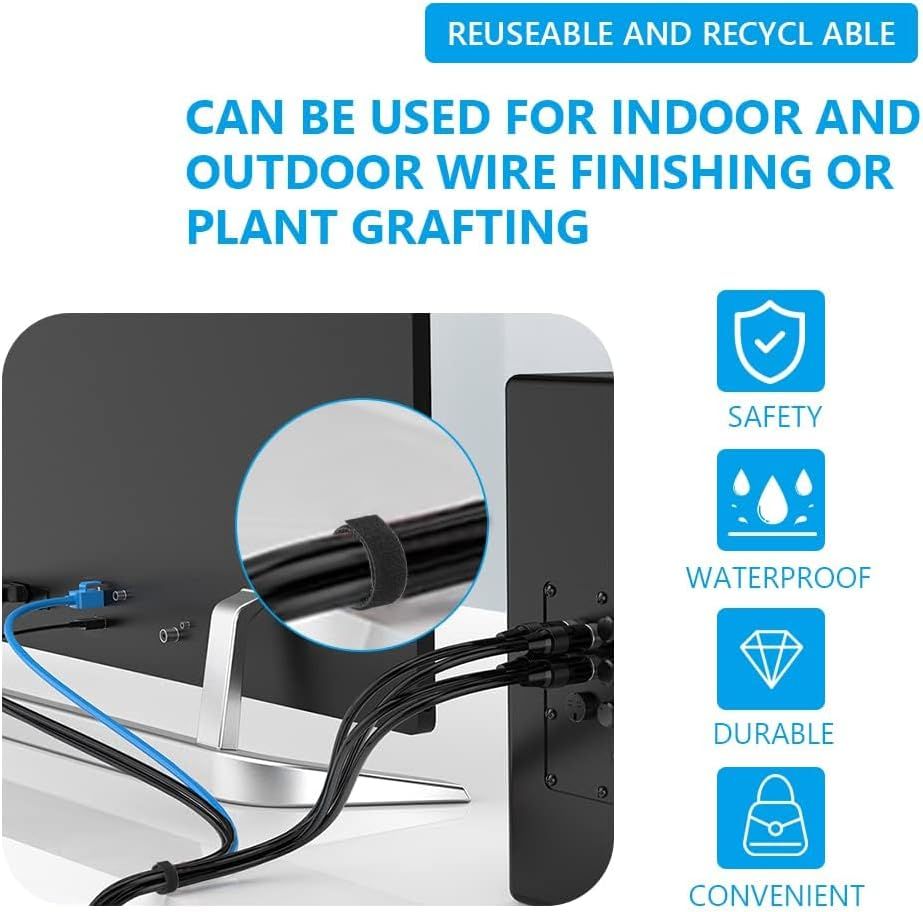 URAQT Fastening Tape Hook and Loop Cable Ties, 10Mm X 5M Reusable Self Adhesive Cable Ties Straps for Cable Management, Cord Organizer Straps, Black (5M) image number 2