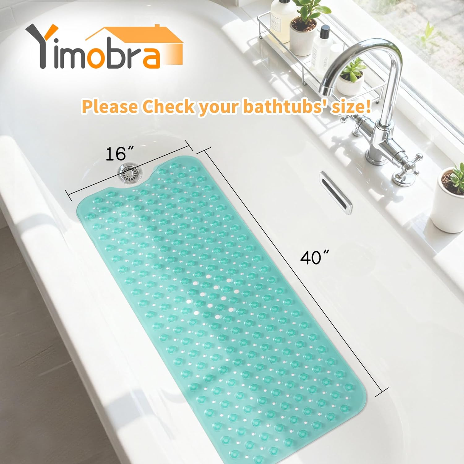 Yimobra Non Slip Bathtub Mat 40 X 16 Inch, Extra Long Shower Mat with Drain Holes, Machine Washable Baby Bath Mats, Strong Suction Cups for Bathroom Floor, Clear Green - 1, Beige image number 6