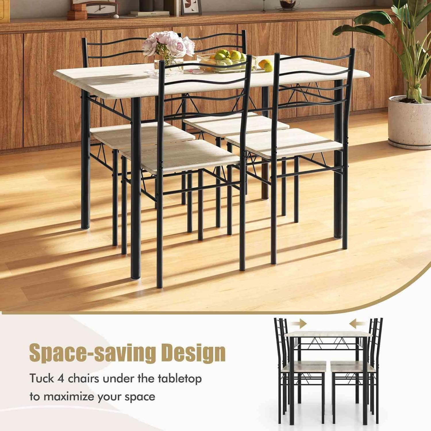 Costway 5-Piece Dining Table and Chair Set, Metal and Wood Rectangular Dinning Table Furniture Set W/ 4 High Backrest Chairs, Modern Dinette Set for Kitchen, Dinning Room, Restaurant, Shallow Walnut image number 6