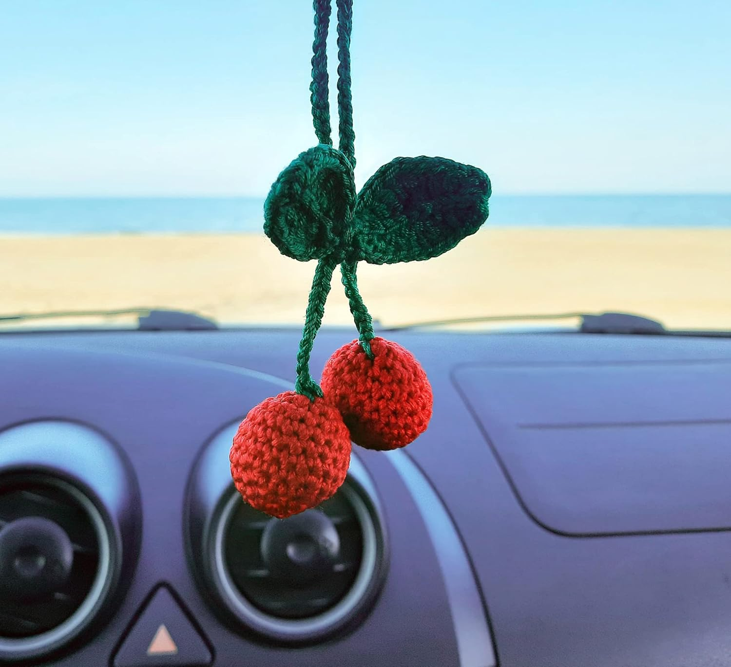Cherry Crochet Handmade, Car Rearview Mirror Charm Decor, Aesthetic Pendant Car Interior Ornament for Gifts.