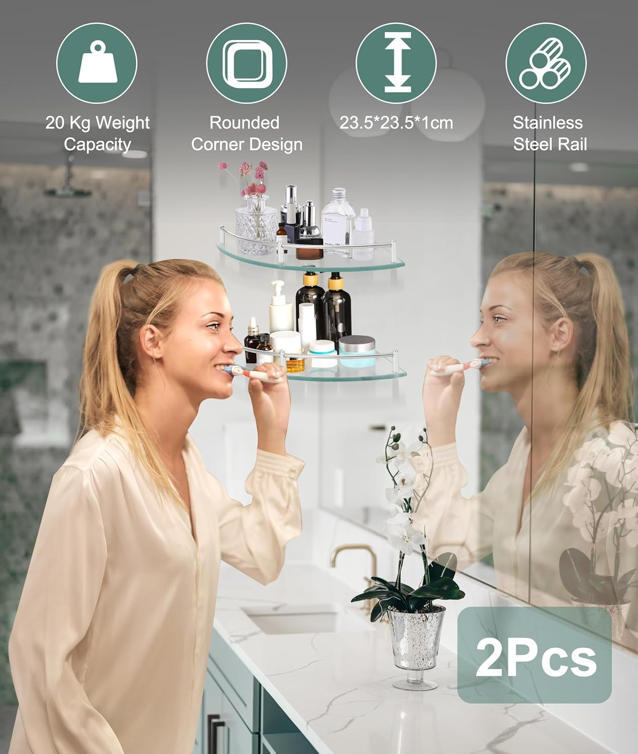 Gugxiom 2-Pack Glass Corner Shower Shelves, Glass Corner Shelf for Bathroom, Wall Mount Bathroom Shelves, SUS 304 Stainless Steel Tempered Glass Shelf with Rail, for Bathrooms and Toilets image number 4