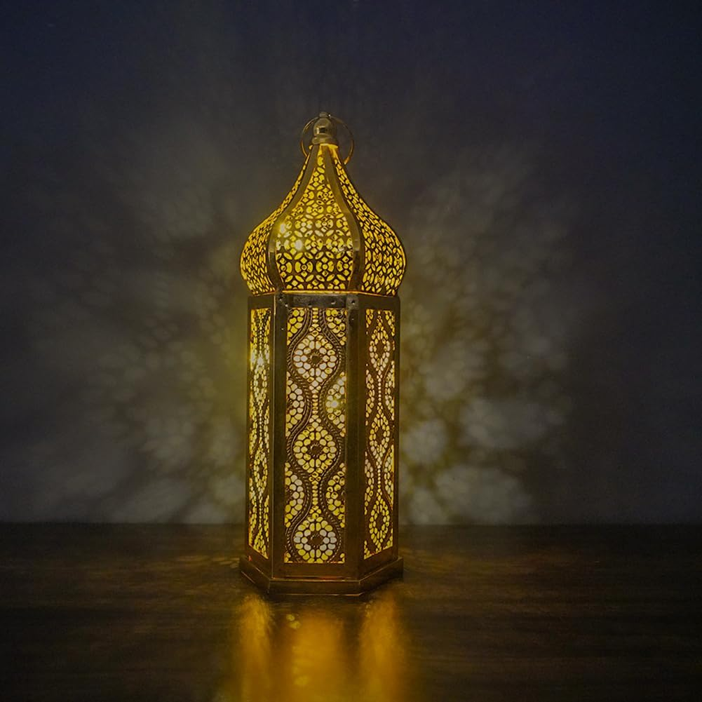 Surakey Moroccan Lantern Decorative Indoor, Decorative Lanterns for Home Decor, Gold Moroccan Lantern Decor, Hollow LED Lights Lanterns for Centerpiece Table Decorations,Large Gold image number 3