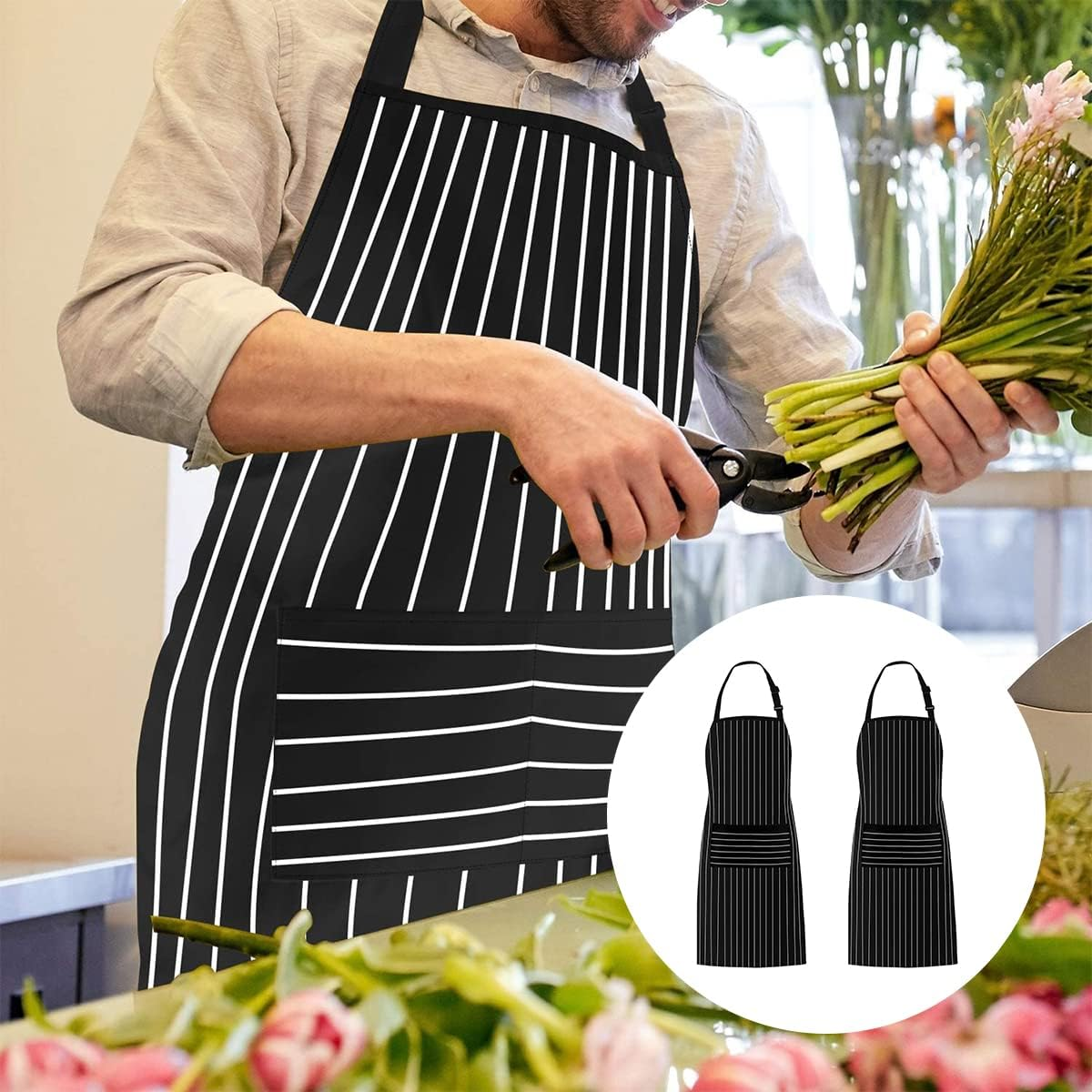 BEZANU Kitchen Cooking Aprons, 2 PCS Unisex Bib Aprons with Pockets for Men, Women, BBQ, Painting, Gardening, Baking (Stripe Style) image number 3