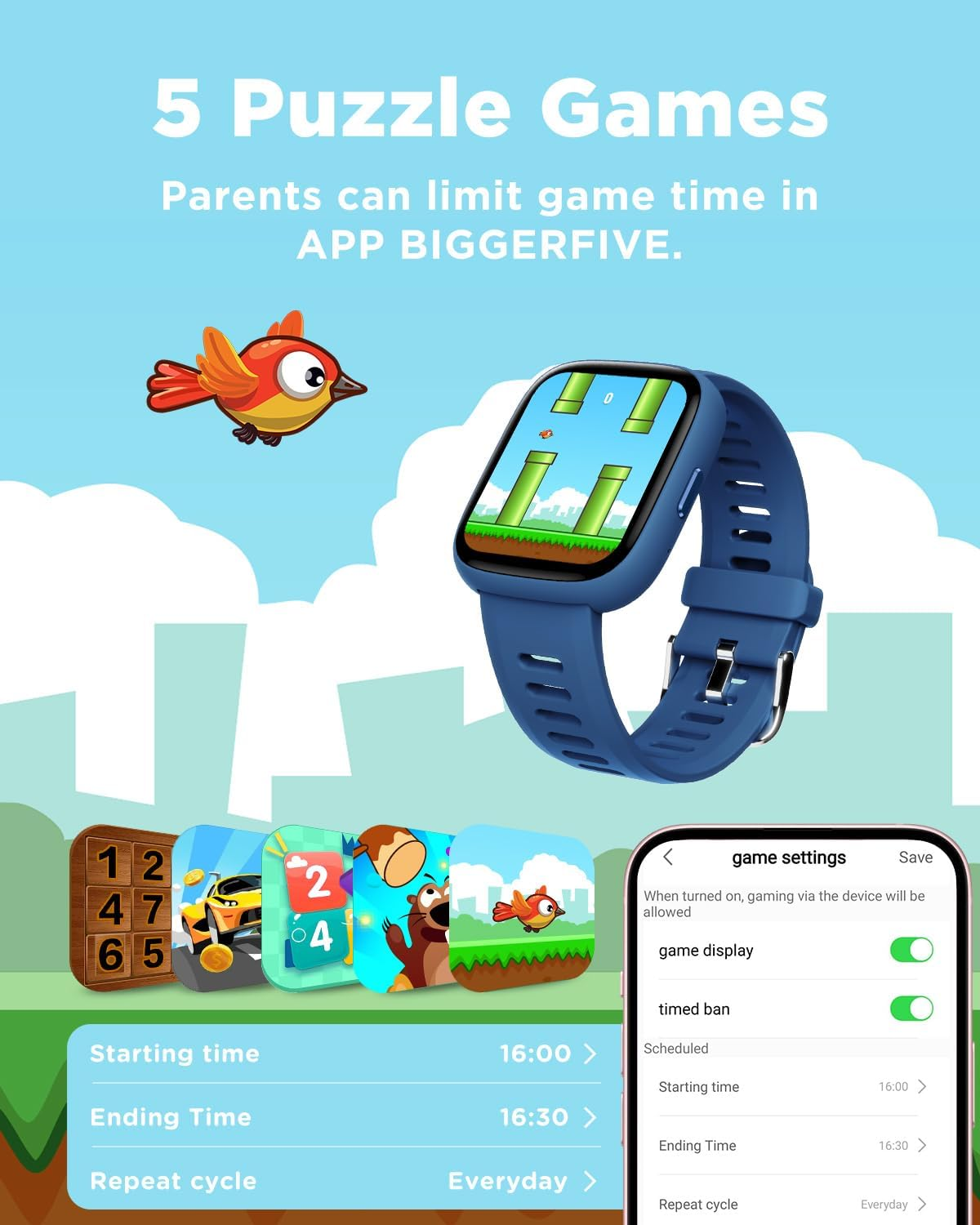 BIGGERFIVE Smart Watch for Kids, 1.8" Fitness Tracker Watch Pedometer, IP68 Waterproof, Sleep Monitor, Calorie Step Counter, 5 Puzzle Games With/Without APP for Girls Boys Teens 5-16 - Blue image number 3