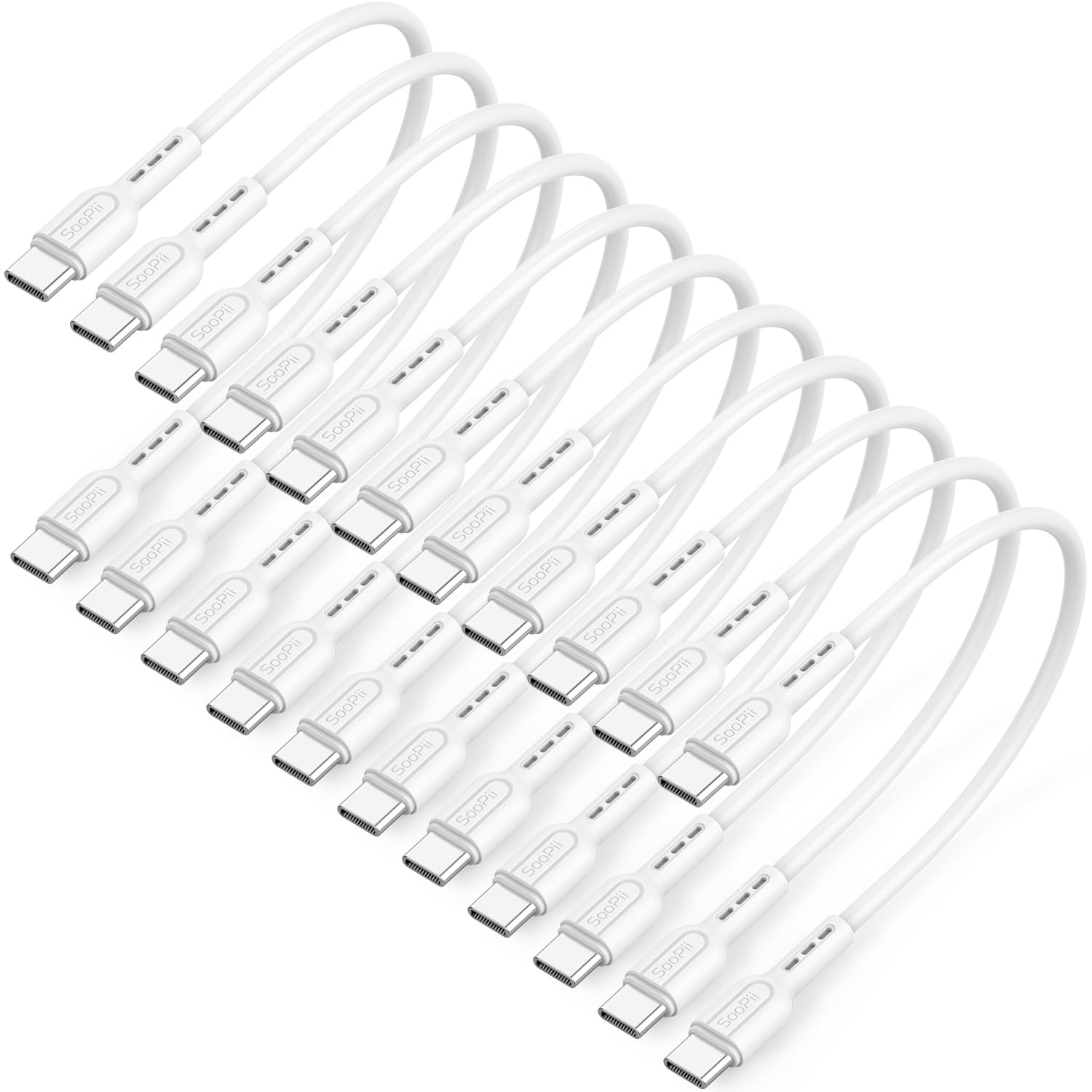 Soopii 10-Pack 8 Inch USB C to USB C Cables,0.7Ft 60W Short Type C Fast Charging Cables for Lphone 15/16,Pro/Plus/Pro Max,Galaxy S24/S23,Ipad,Macbook,Charging Station and Power Bank Accessory(White)
