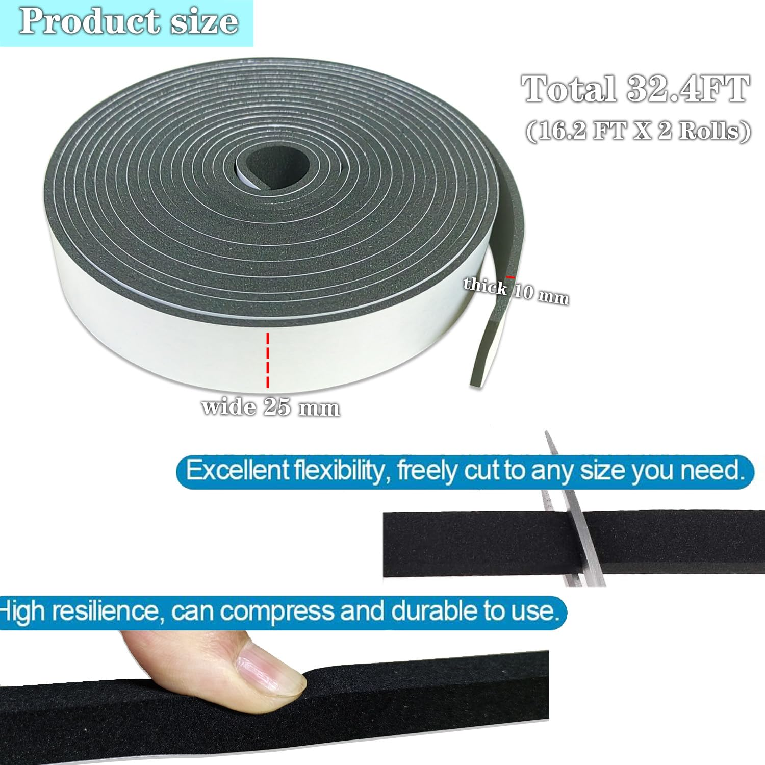 Weather Stripping Door Seal Strip,High Density Foam Tape,1 in X1/8 in X 32.8 FT Self Adhesive Foam Insulation Tape for Doors and Windows,Sliding Door,Soundproofing Door, Air Conditioning Seal Strip image number 2