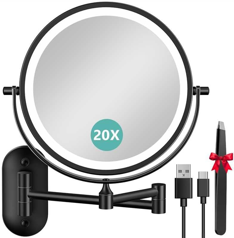 Auxmir 8'' Wall Mounted Lighted Makeup Mirror, 3200Mah Rechargeable Double-Sided 1X/20X Magnifying Mirror with Light, Touch Dimmable 3 Color Light, 360&deg; Rotation Foldable Extended Arm, Black