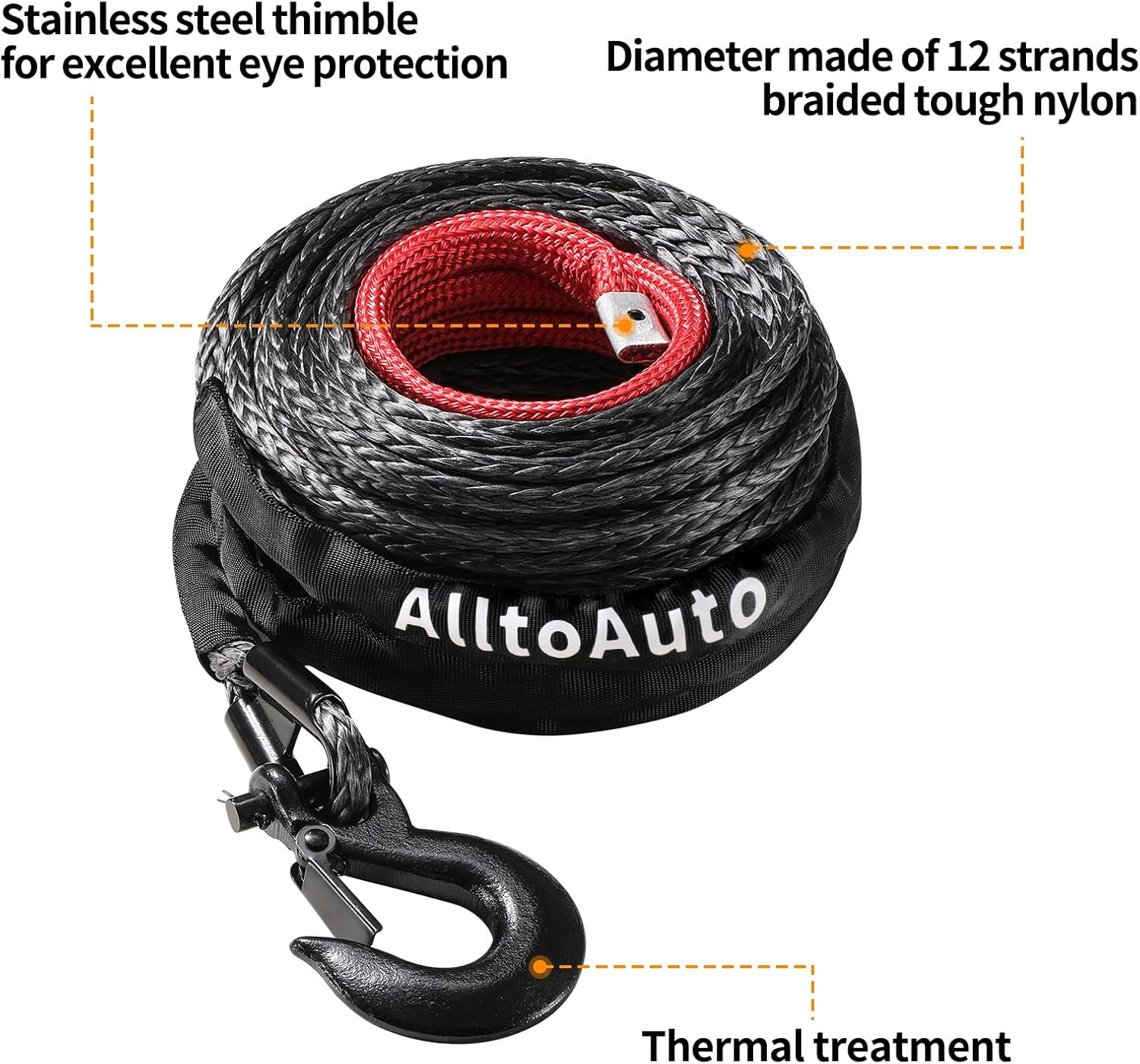 Alltoauto Winch Rope with Hook, 3/8" X 100'-25000Lbs Dyneema Synthetic Winch Rope Line Cable with Protective Sleeve for Truck 4WD Off-Road Vehicle Winch Accessory image number 1