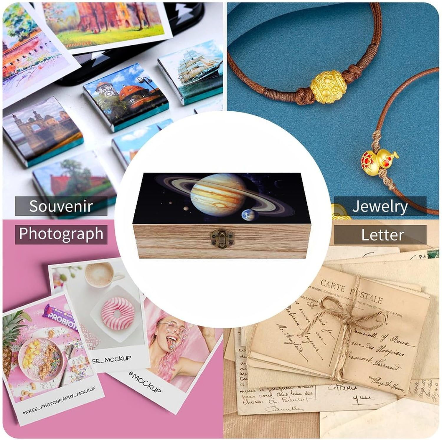 Planet Jupiter Wooden Box Wood Wedding Keepsake Boxes with Lids Small Decorative Boxes Lightweight Wooden Memory Storage Box for Crafts Keepsakes Jewelry Photo Letter Storage