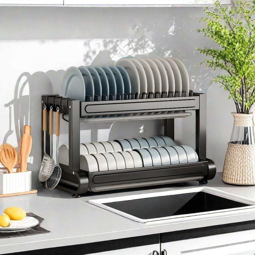 2-Tier Dish Drying Rack with Drainer Board, Rustproof Dish Drainer with Cutlery Utensil Rack & Holders for Kitchen Storage & Organisation, Black image number 2