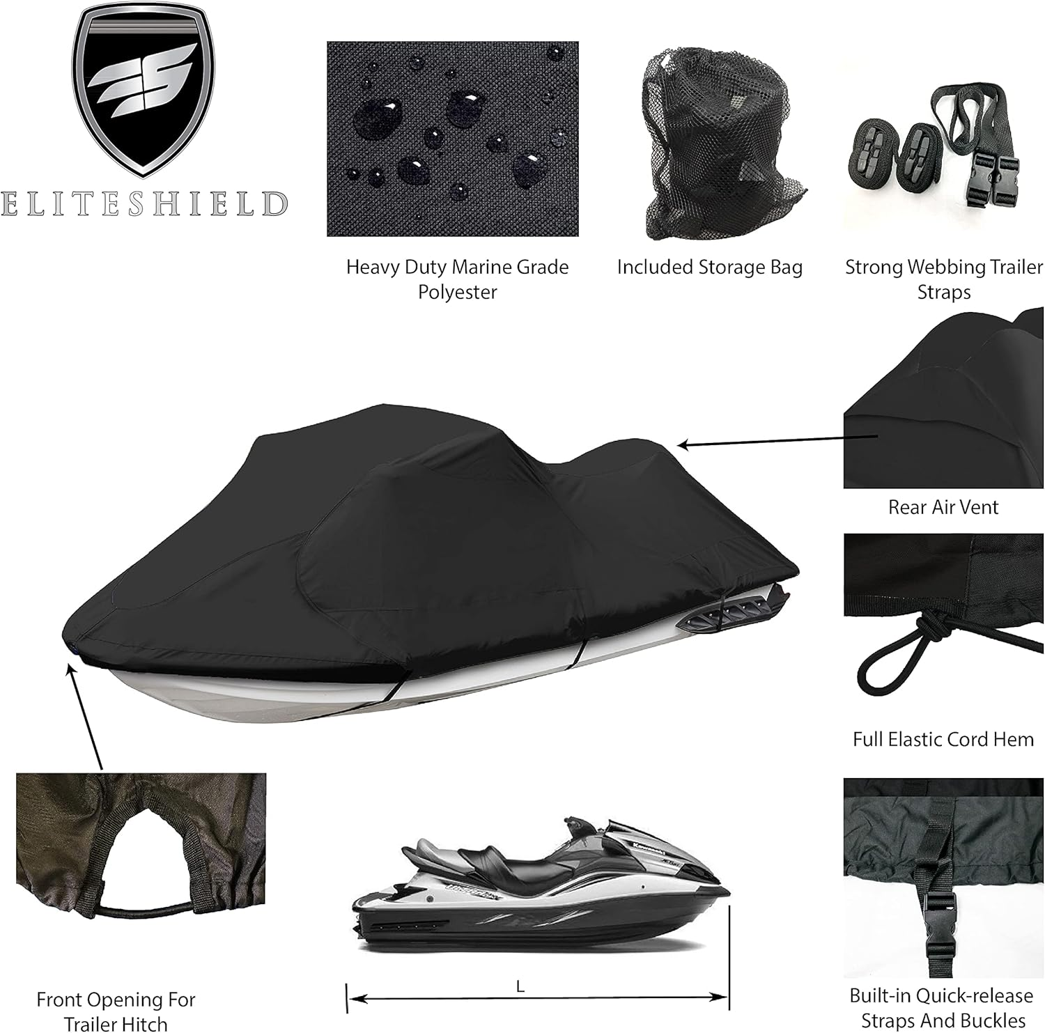 Eliteshield Trailerable Jet Ski Cover, Waterproof Tear and Fade Resistant Polyester Fits Stand-Up to 3 Seater Sea Doo Yamaha Waverunner Kawasaki-Jet Ski Covers (Fits from 136"-145"(3 Seater)) image number 2