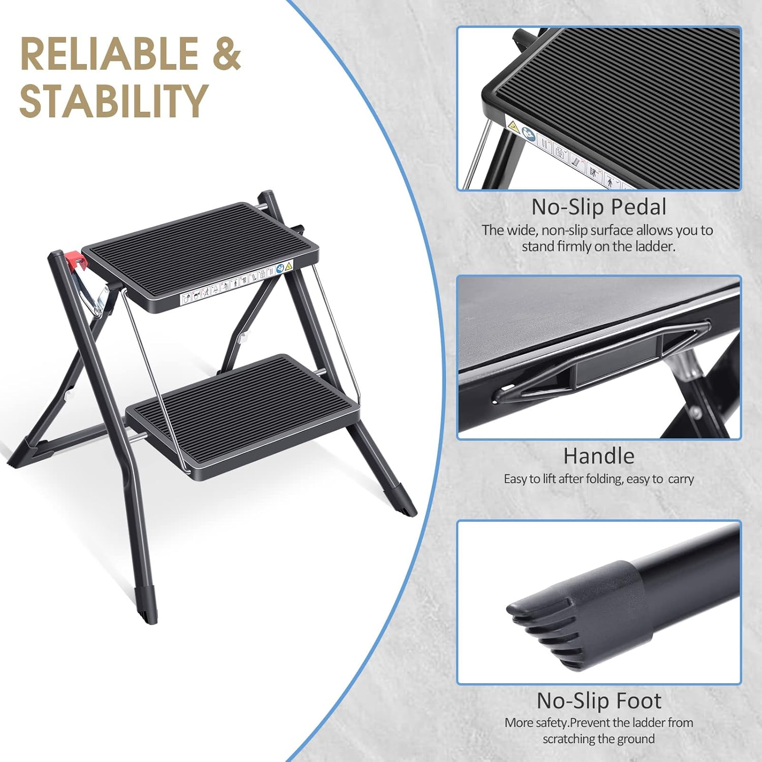 KINGRACK Folding Step Ladder, 2 Step Ladder, Folding Ladder with Non-Slip Rubber Mat, Step Stool with Release Button, Lightweight Steel, Holds up to 150 Kg, Black image number 2