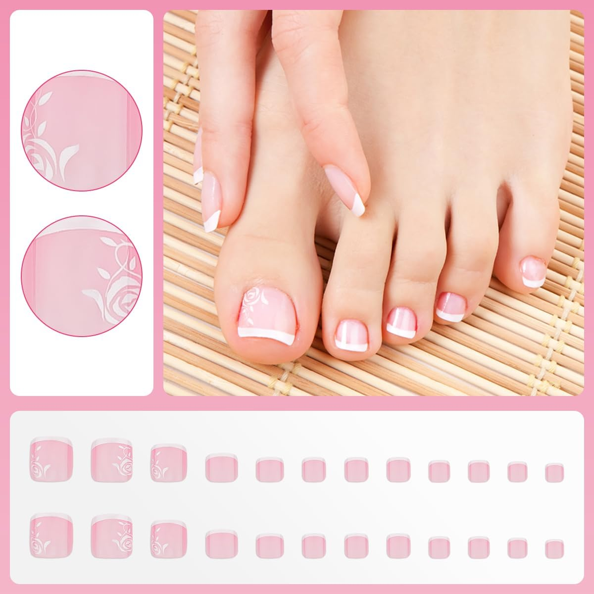 French Tips Press on Toenails 24 Pcs Acrylic Foot False Nails Square Fake Toe Nail Rose Detachable Stick Manicure Decoration for Women Girls