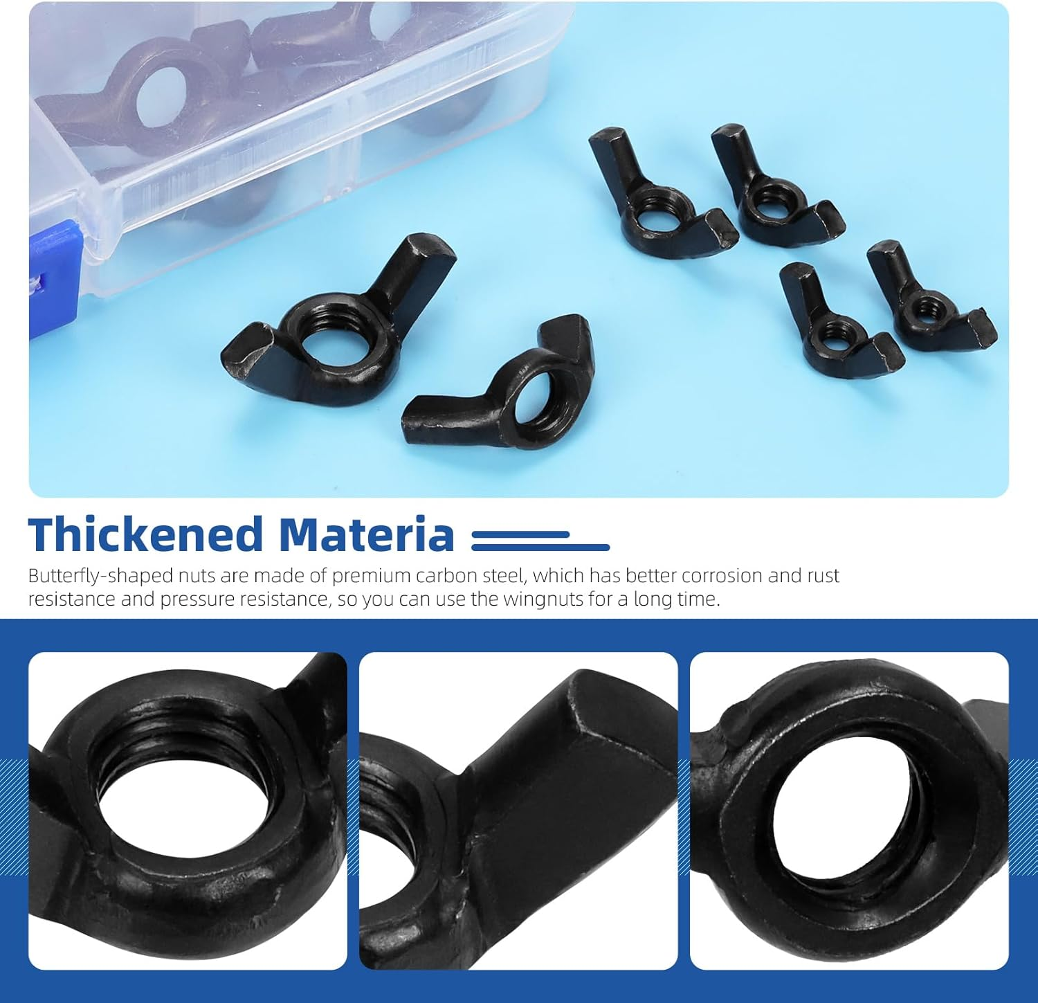 Glarks 125Pcs 6 Sizes Black Wing Nuts Assortment Kit, 3/8&rsquo;&rsquo;-16, 5/16&rsquo;&rsquo;-18, 1/4&rsquo;&rsquo;-20, #10-24, #8-32, #6-32 High Strength Carbon Steel Butterfly Nuts, Wing Bolt Fasteners image number 3