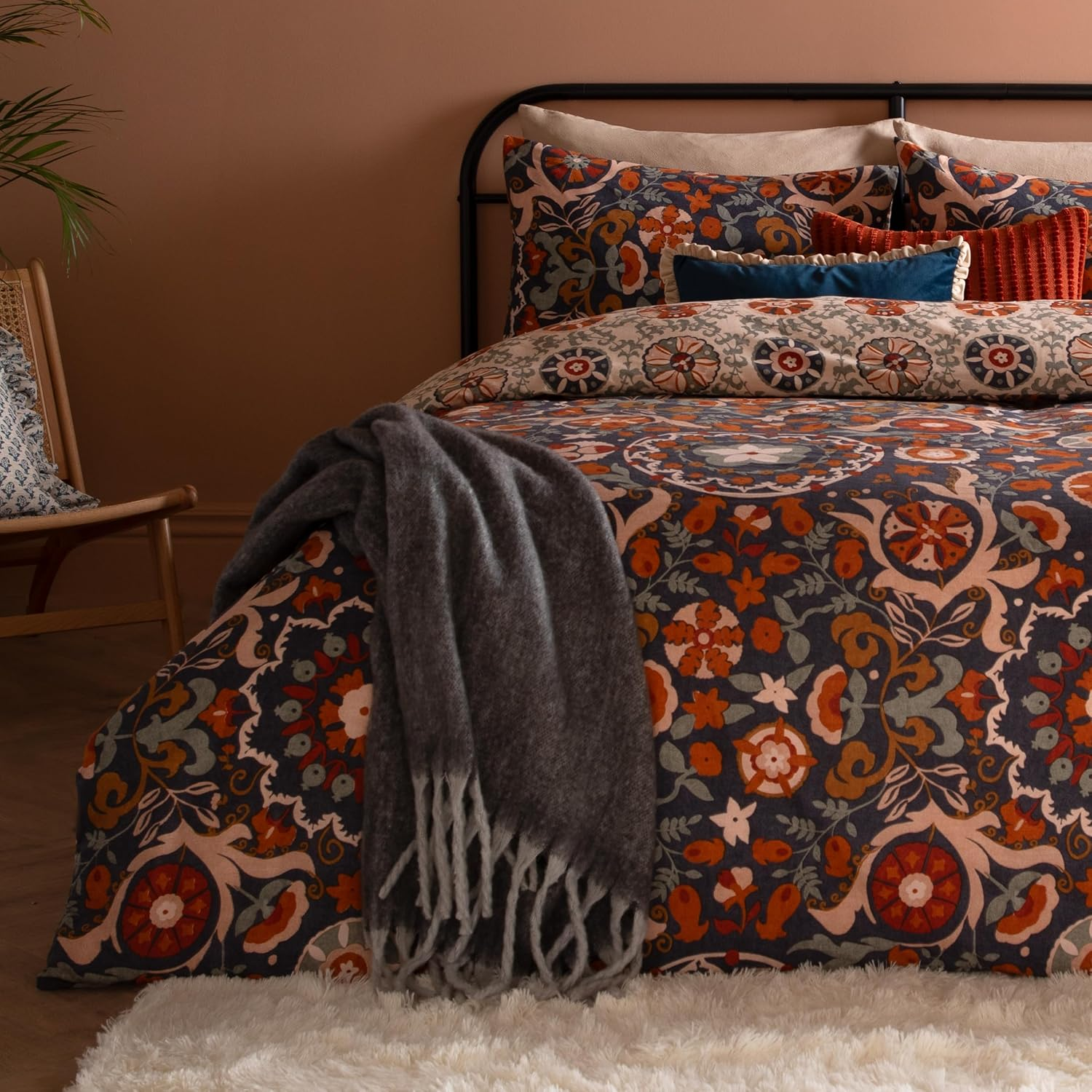 Furn. Kinfolk Duvet Cover Set &ndash; Reversible Suzani-Inspired Floral Geometric Tile Bedding Set (Denim Blue - Double) image number 1