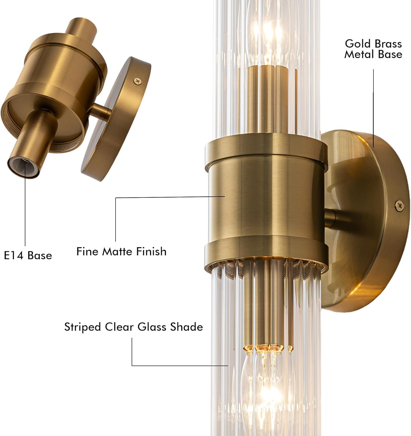 FTL Gold Vintage Wall Sconces Lighting, 2-Lights Wall Lights Indoor Wall Lamp with Clear Striped Glass Lampshade and E14 Bulb Socket, Wall-Mounted Wall Lamp Lighting Fixture for Bathroom,Bedroom,Porch image number 4
