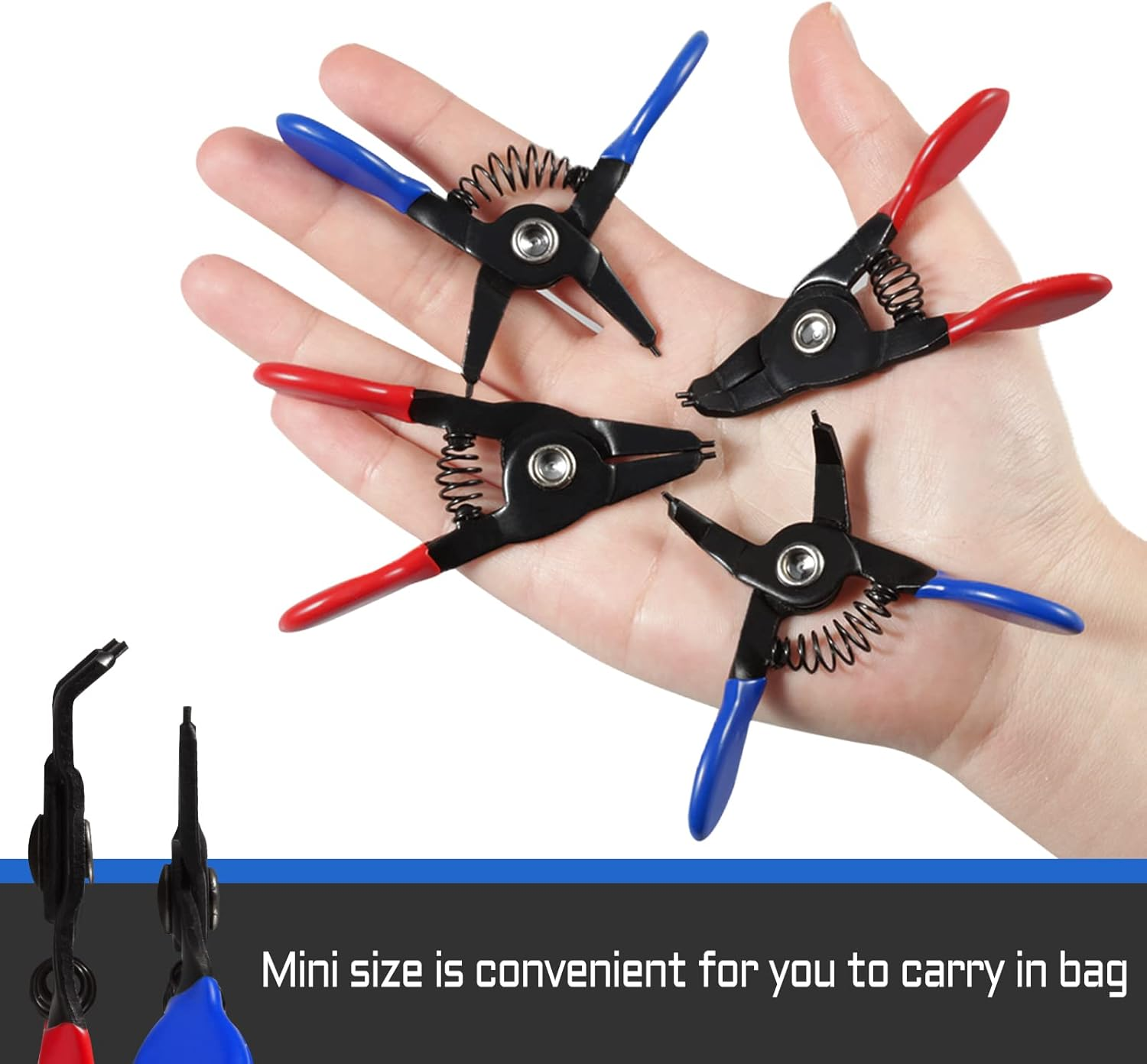 LEONTOOL 4 Pcs Mini Snap Ring Pliers Set, 3" Internal and External Circlip Pliers, Straight and 45&deg; Angle Jaws, Tip Diameter 0.04" Retaining Ring Pliers image number 4