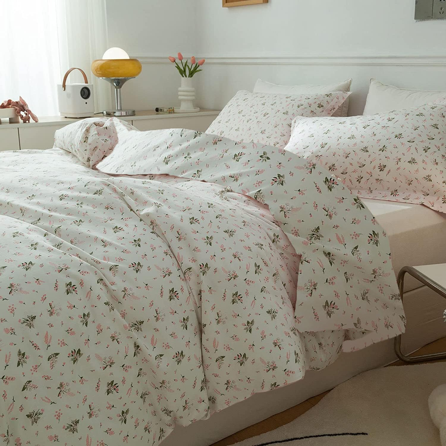 Full Comforter Set White Pink Floral Comforter Set Garden Style Flowers Bedding Comforter Set 3 Pieces Floral Bedding Sets for All Seasons Vintage Botanical Flowers Comforter with 2 Pillowcases image number 6