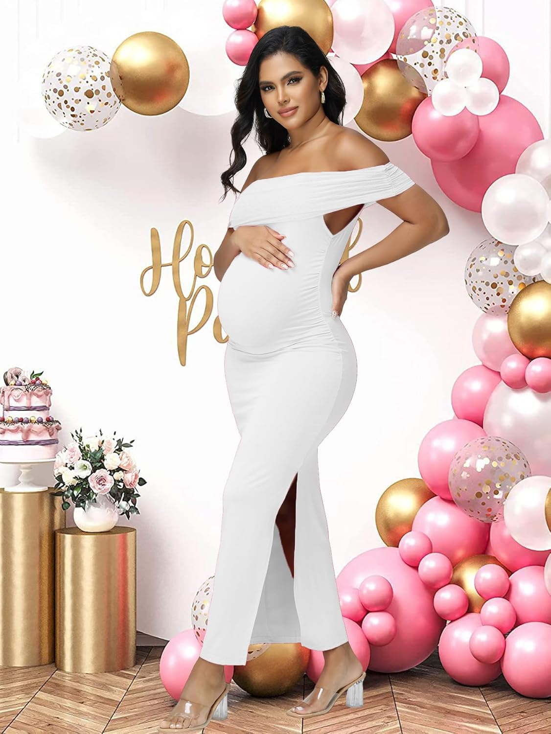 Justvh Women'S Maternity Mesh off Shoulder Sleeveless Split Party Midi Dress for Baby Shower Photoshoot Gown image number 4