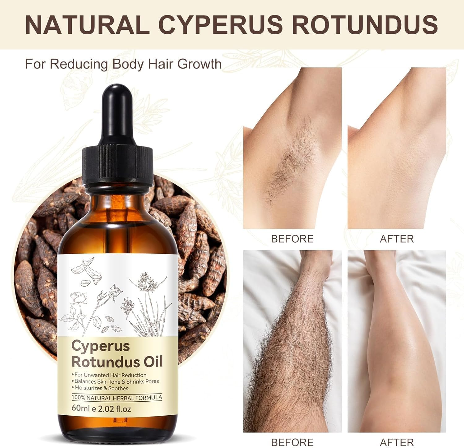 Natural Cyperus Rotundus Oil for Hair Removal, Reducing Body Hair Growth, Smoothing, Moisturizes & Soothes Skin, Gentle and Effective for All Skin Types, 2Fl Oz, 60Ml, image number 6