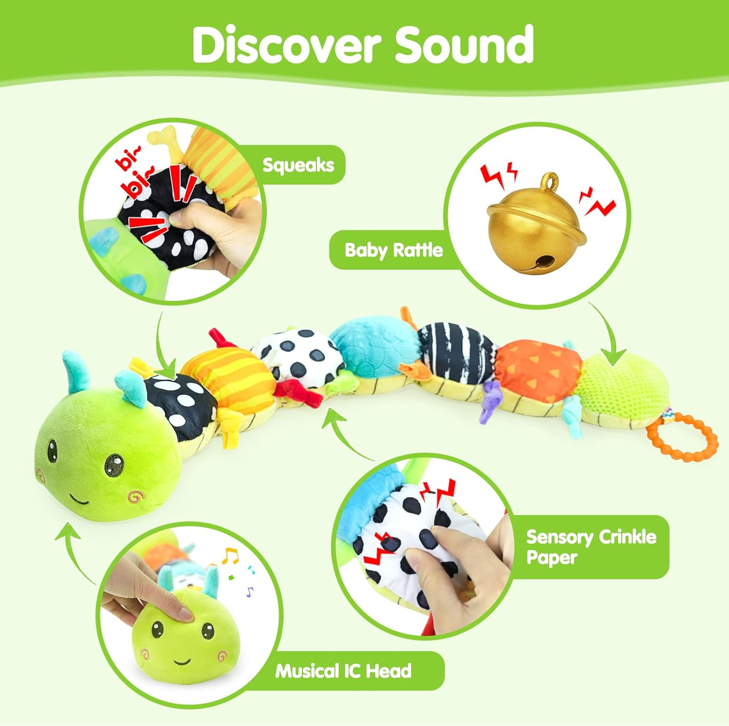 Baby Toys 0-6 Months, Musical Caterpillar Tummy Time Toy, Sensory Toys 6-12 Months, Infant Soft Stuffed Plush Animal Toy with Rattle Crinkle for Boys Girls Newborn Birthday Gifts 3 6 9 Months image number 2