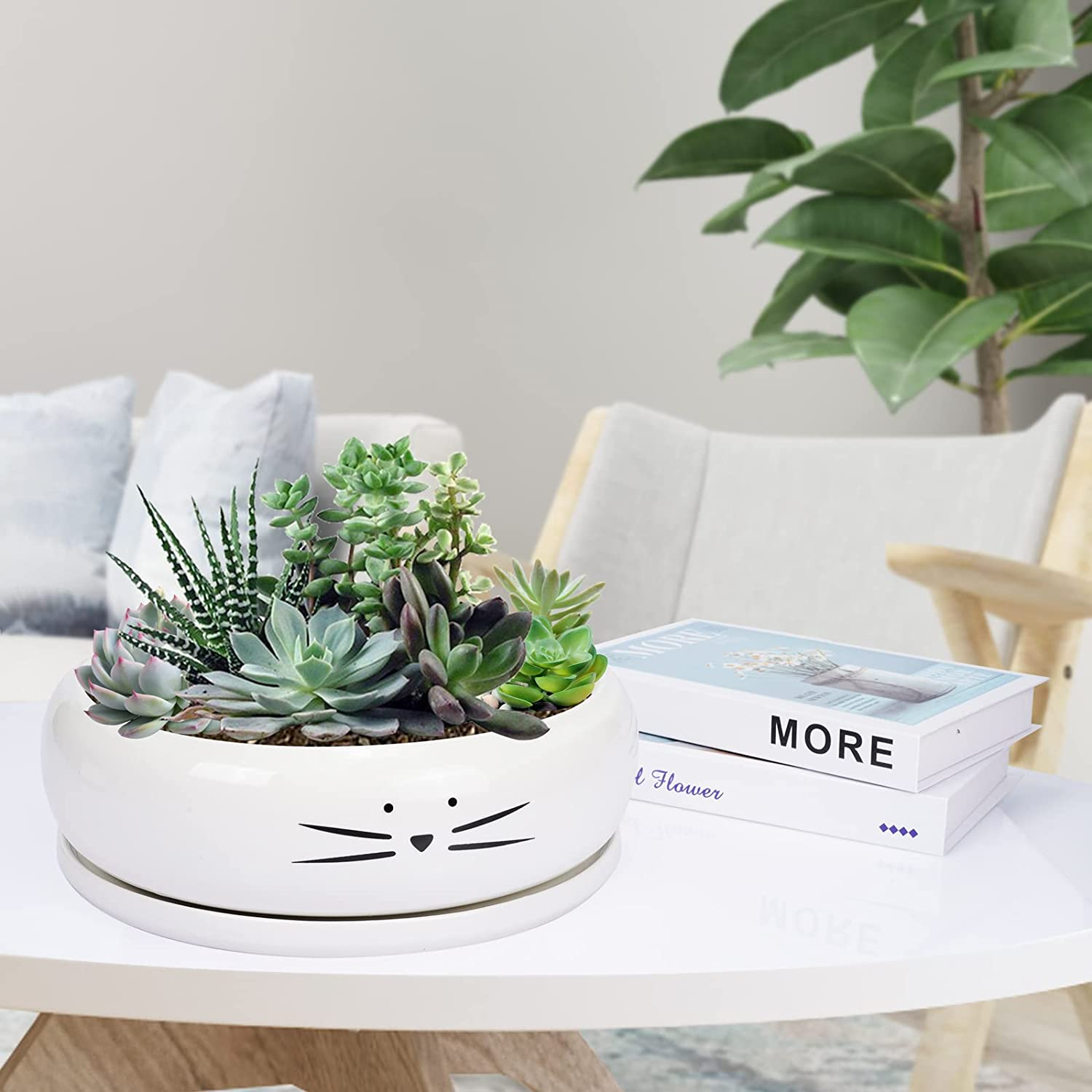 Koolkatkoo 8 Inch Large Cute Cat Ceramic Succulent Planter Pots with Removable Saucer Unique Porcelain Cactus Planters Decorative Flower Pot for Cat Lovers White