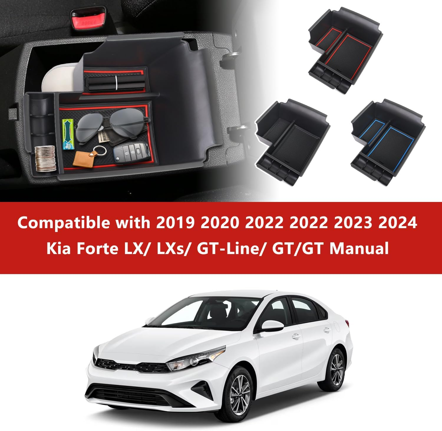 AFEISOL Center Console Organizer Tray Compatible with 2019-2024 Kia Forte GT/FE/EX/LX/LXS Interior Accessories, Insert Armsert Storage Box (Red) - Black image number 5