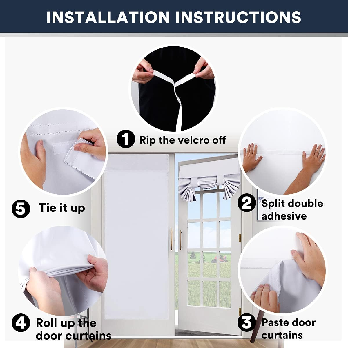 Blackout Curtains for French Doors - Thermal Insulated Tricia Door Window Curtain for Patio Door, Self Stick Tie up Shade Energy Efficient Double Door Blind, 26 X 68 Inches, 1 Panel, Greyish White image number 2