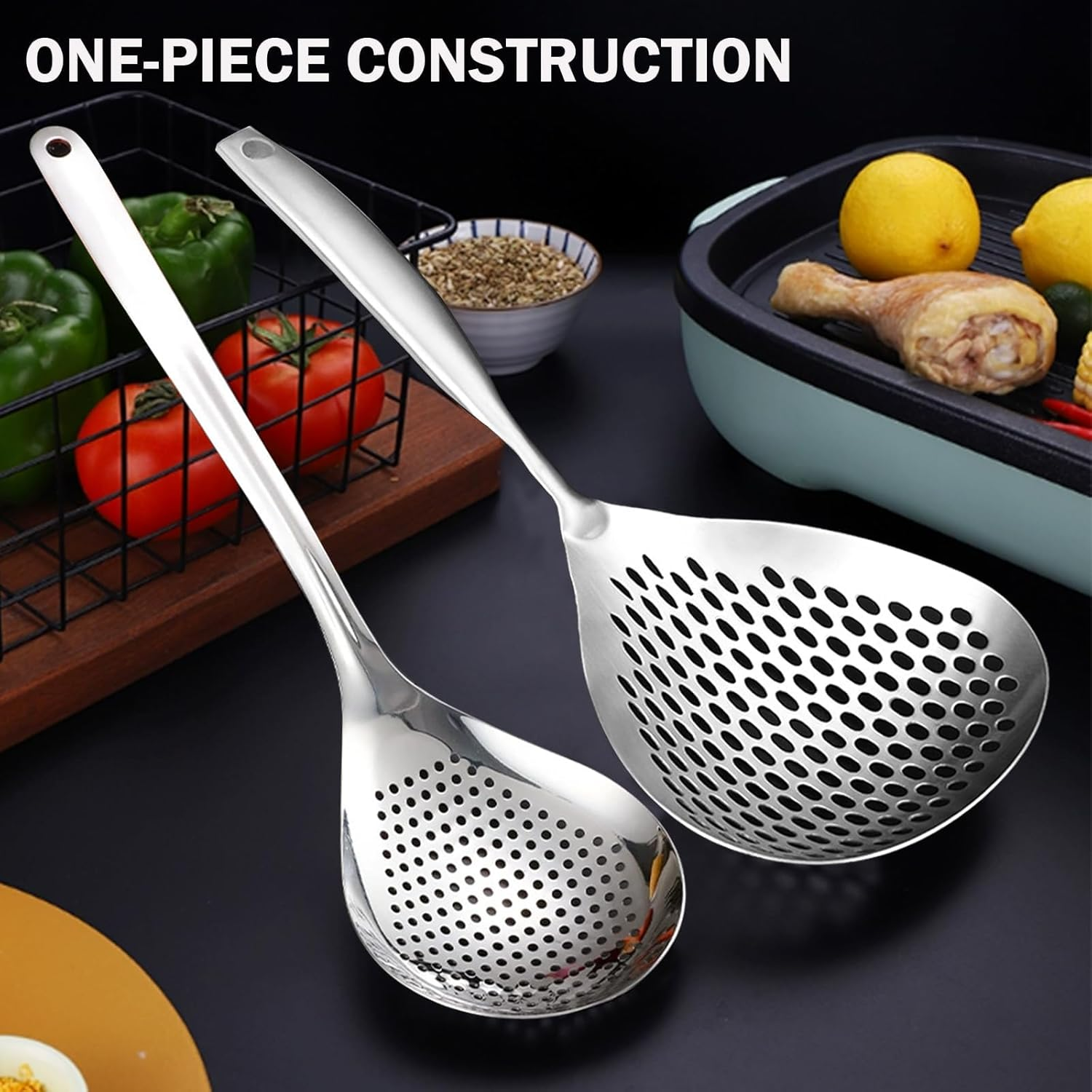 2 Pack Stainless Steel Skimmer Slotted Spoon Set for Frying and Cooking - Pasta Spider Strainer Ladle Spoon Combo - Kitchen Essential for Efficient Cooking and Straining image number 3