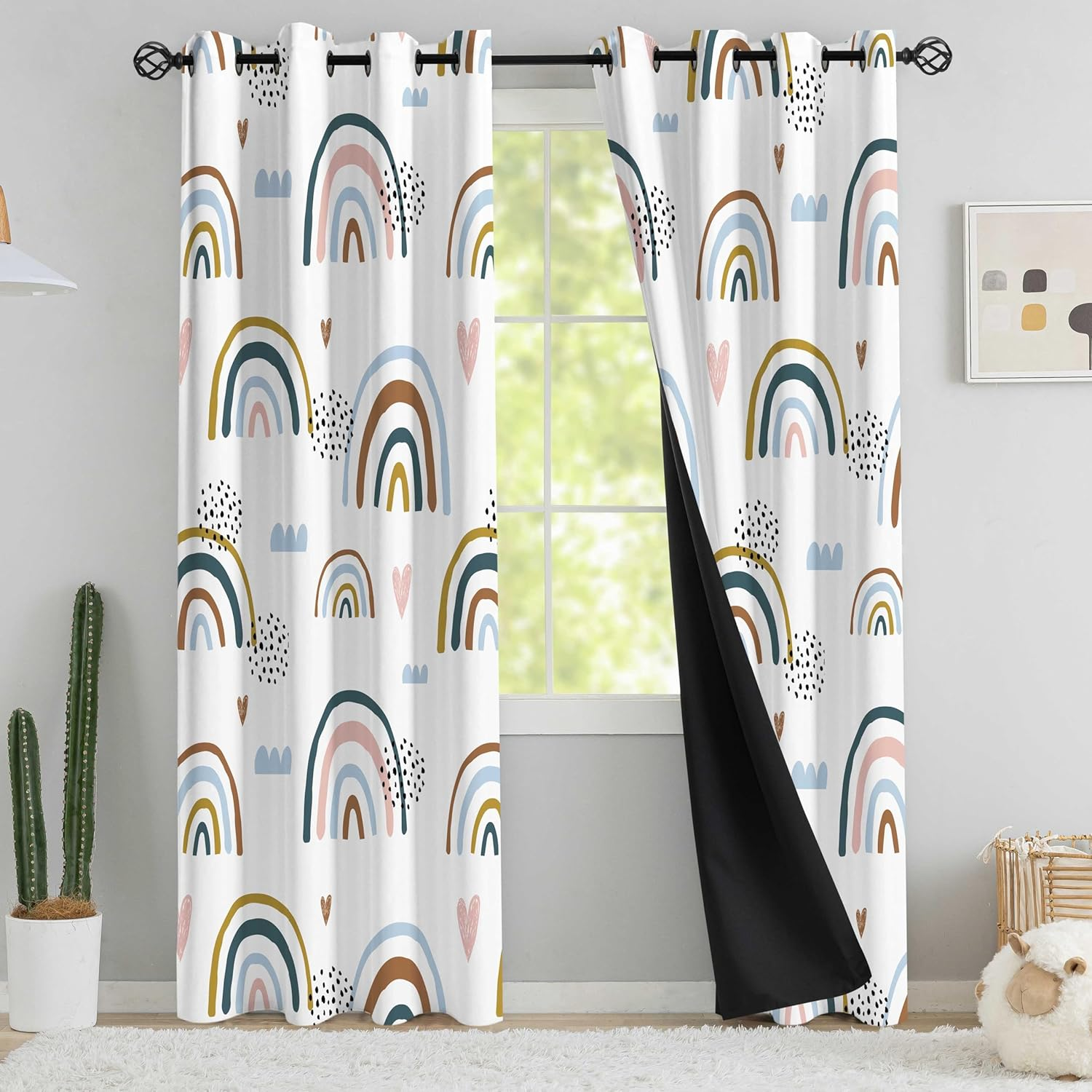 Chiinvent Blackout Rainbow Curtains for Kids Cute Rainbow Room Darkening Window Curtains Decorative Cartoon Black Out Curtain for Girls Bedroom Nursery, C1, 52" X 96", 2 Panels (90% Blackout)