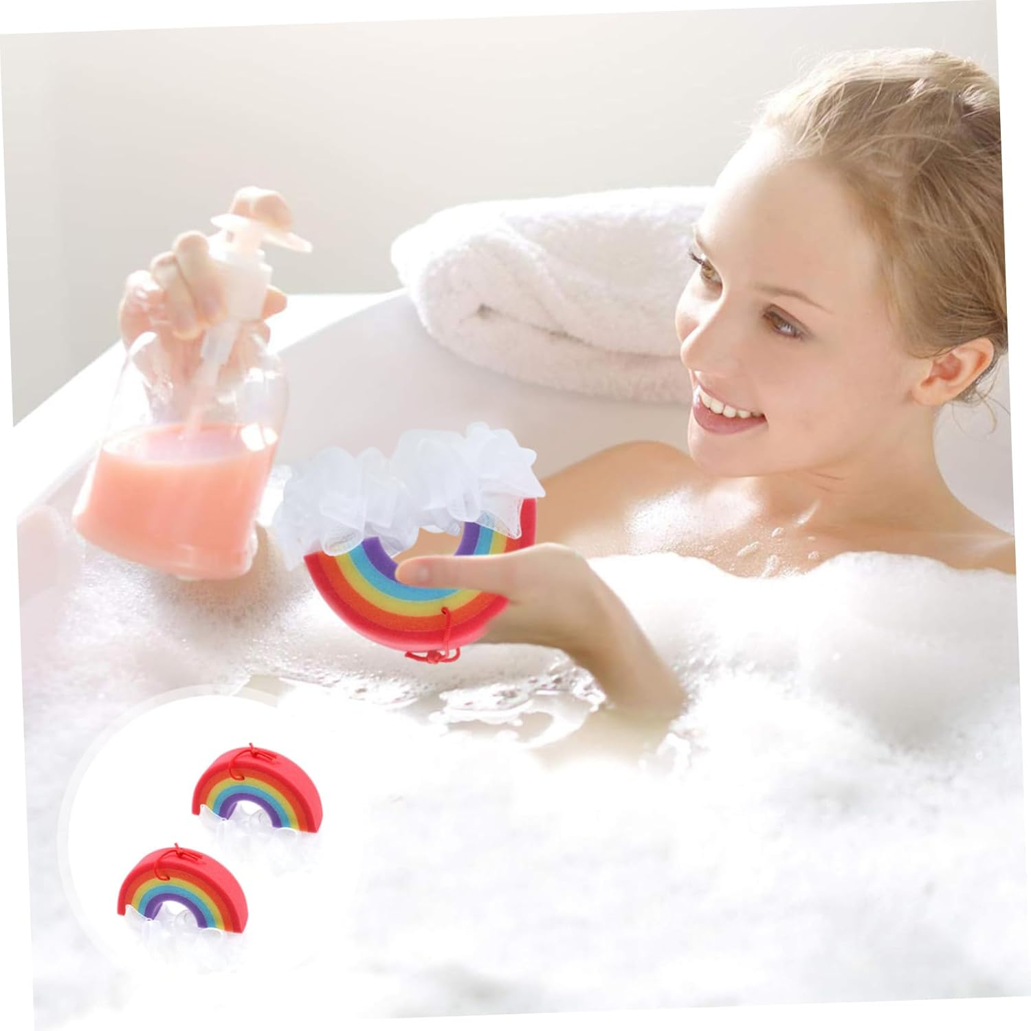 MERRYHAPY 2Pcs Rainbow Bath Flowers Bubble Forming Bath Wipes for Boys and Girls Creative Skin Scrubber image number 1