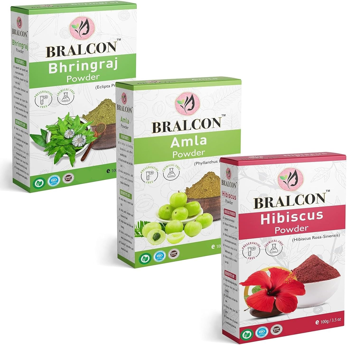 BRALCON Organic Amla, Hibiscus, Bhringraj Powder Combo -300G (100G X 3 Pack)| Hibiscus Powder, Amla Powder, Bhringraj Powder for Hair Growth, Hair and Skin Care |Hair Care & Face Pack Powder image number 4