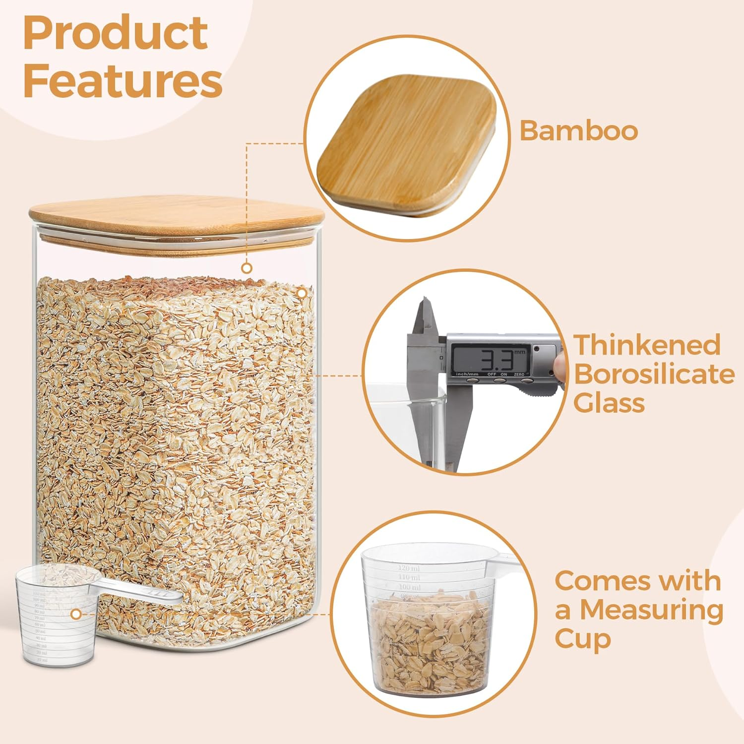 Comsaf Glass Pantry Storage Containers, 4350/1500Ml Large Square Flour and Sugar Containers with Airtight Lids, Gallon Glass Jars with Bamboo Lids for Cereal, Rice, Pasta, Cookies, Coffee Beans image number 3