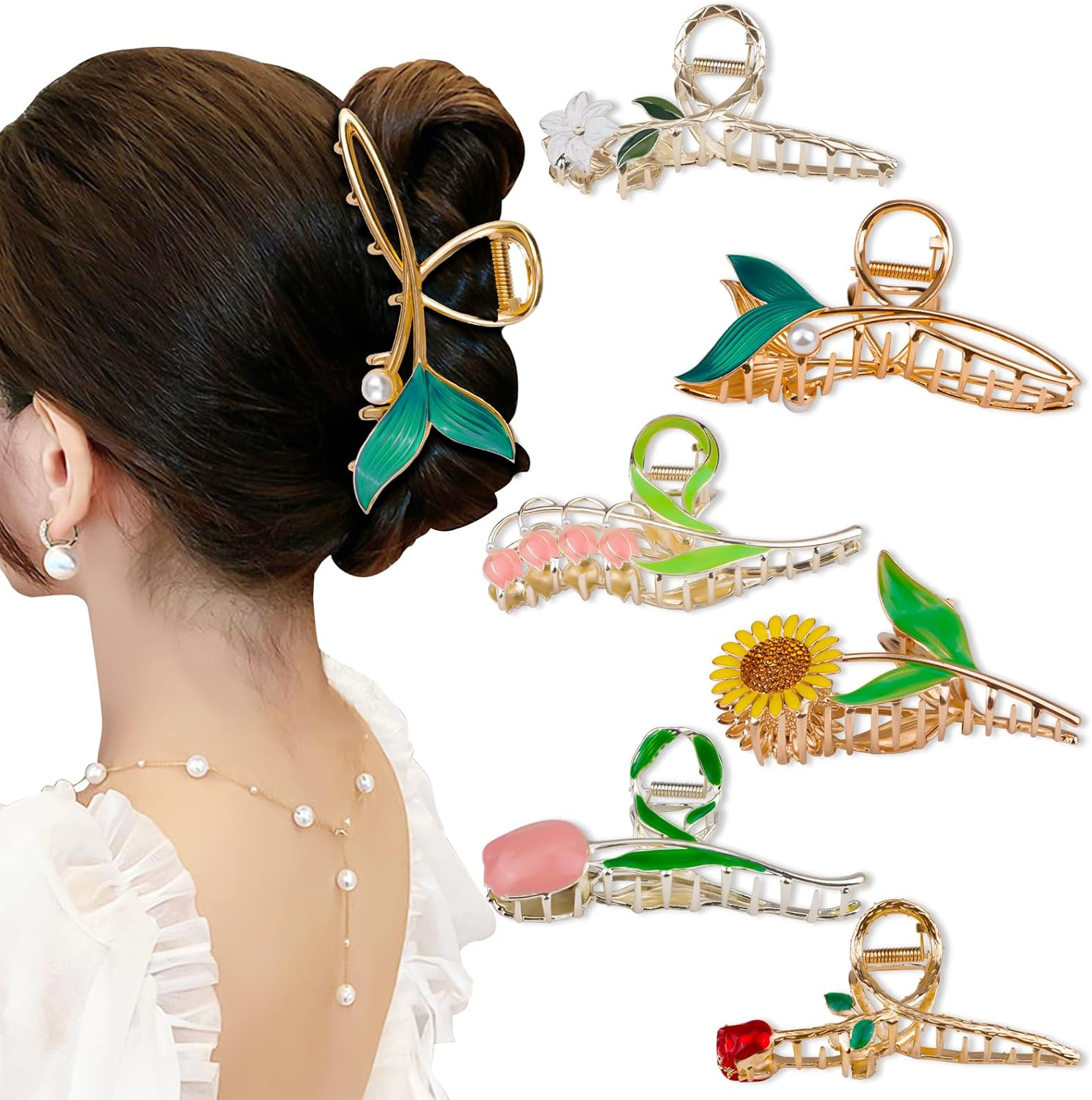 6 X Metal Hair Claw Clips, HAOTIAN-X Gold Cute Hair Claw, Large Sunflower Tulip Hold Hair Pine, Floral Non-Slip Hair Clips Hold Clips, Fashion Hair Catching Clips Barrettes