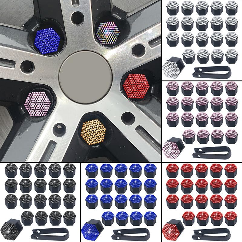 PTNKUIIY 21 Mm Car Nut Covers Wheel Nut Caps &ndash; Pack of 20 Bling Diamond Hexagonal Tyre Nut Covers Wheel Nut Cap with Removal Tool Wheel Bolt Caps Wheel Nut Cap Colourful image number 6