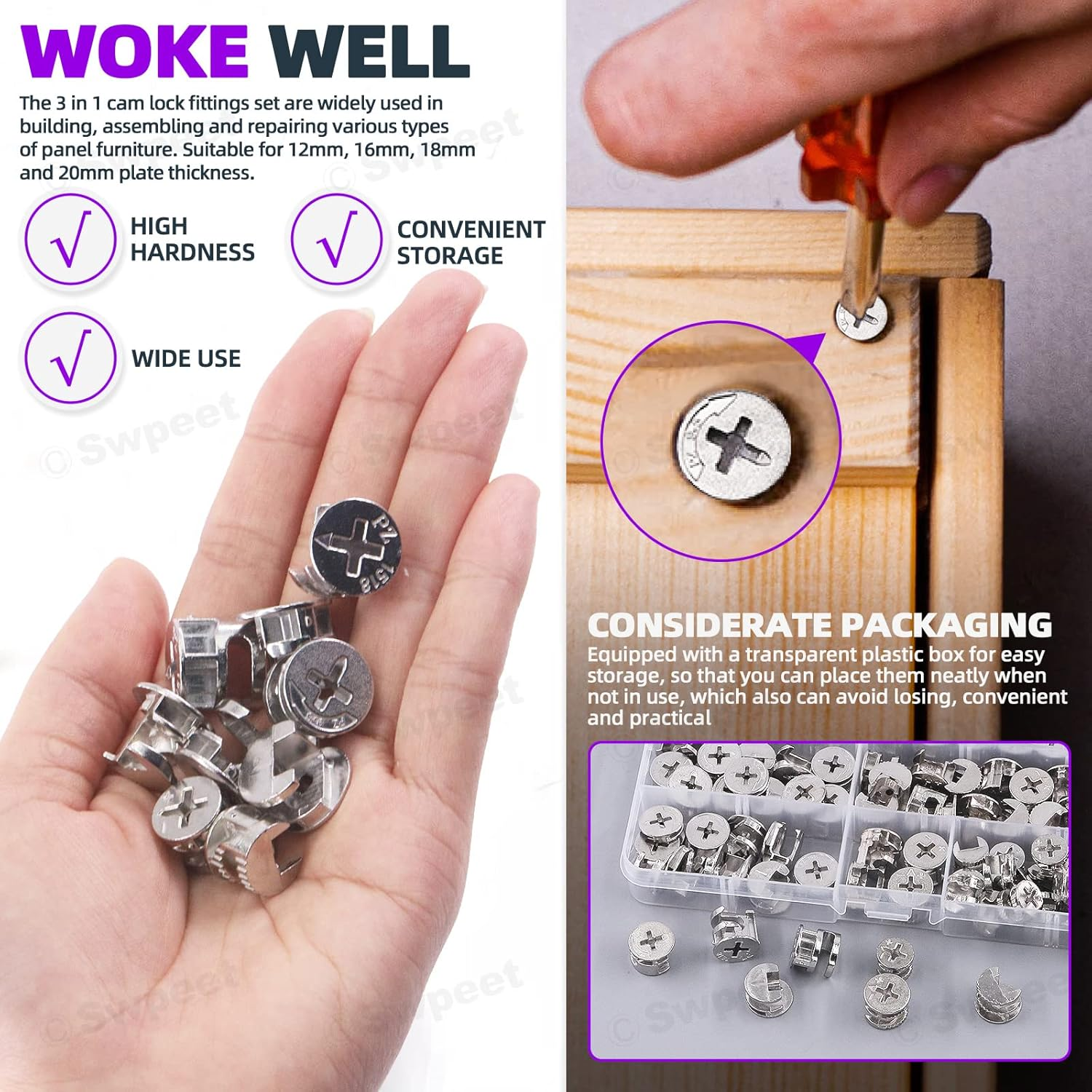 Swpeet 100Pcs 4 Sizes 3 in 1 Furniture Connecting Cam Lock Fittings Assortment Kit, Fastener Cabinet Connectors Hardware Bolts Furniture Connecting Lock Nut for Closets Bed Furniture Connecting image number 5