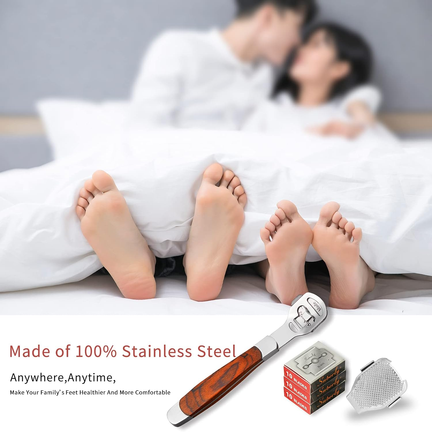 52Pcs Callus Shaver Set,1Stainless Steel Foot Razor Wooden Handle with 50Replacement Slices Blades and 1Foot File Head Foot Care Tools,Foot Shaver Callus Remover,Hard Dry Skin Remover for Hand Feet - Wooden Handle image number 2